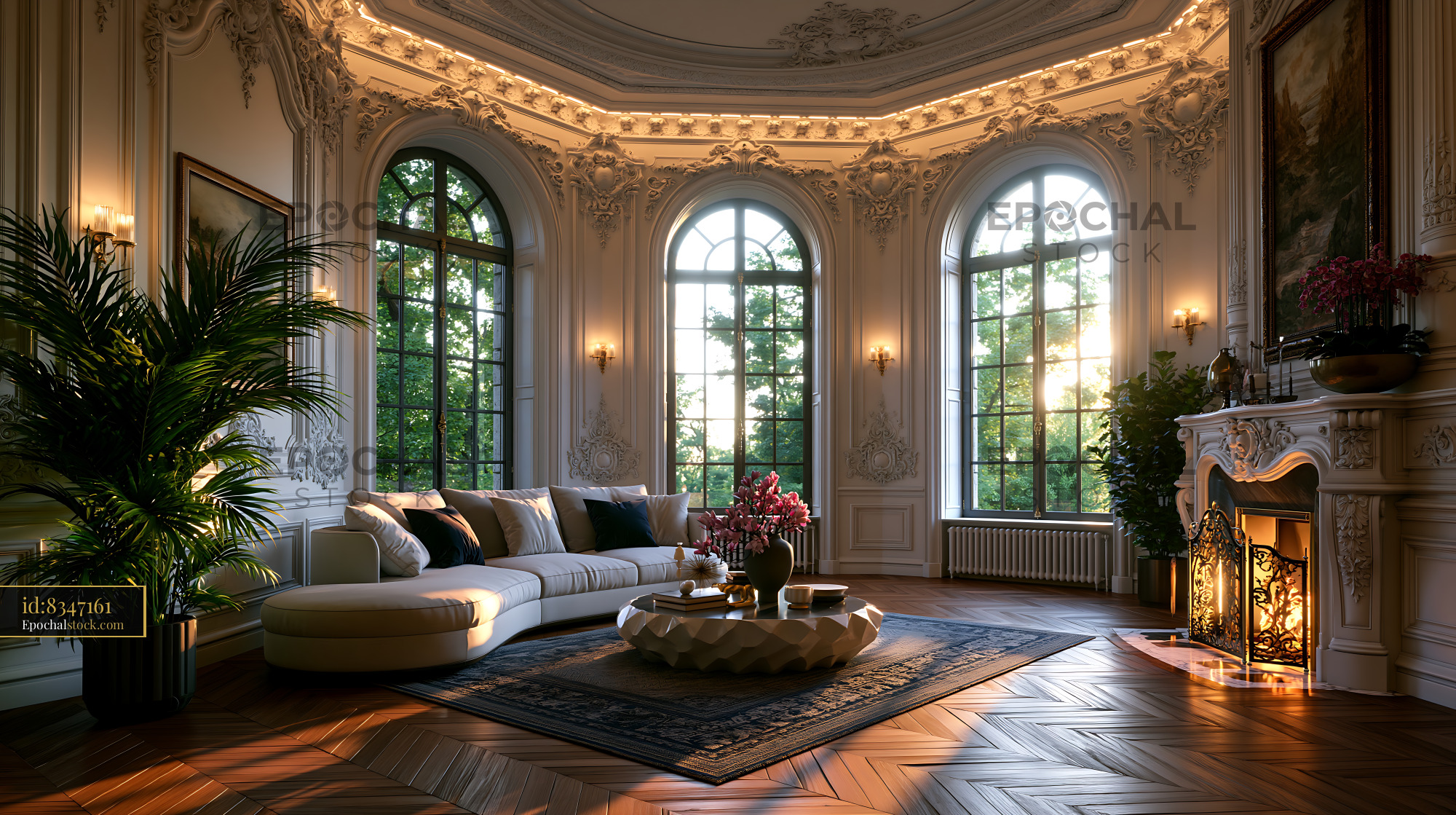 Watermarked full-resolution preview of Elegant living room with large windows and fireplace in the evening