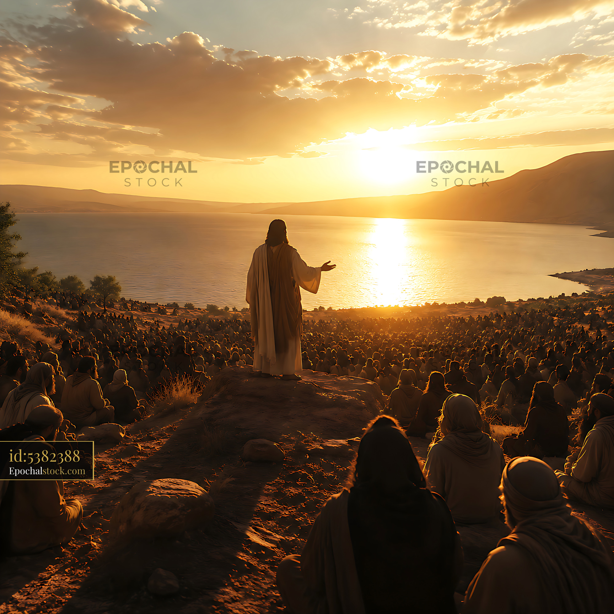 Watermarked full-resolution preview of Jesus speaking to a crowd by the sea at sunset