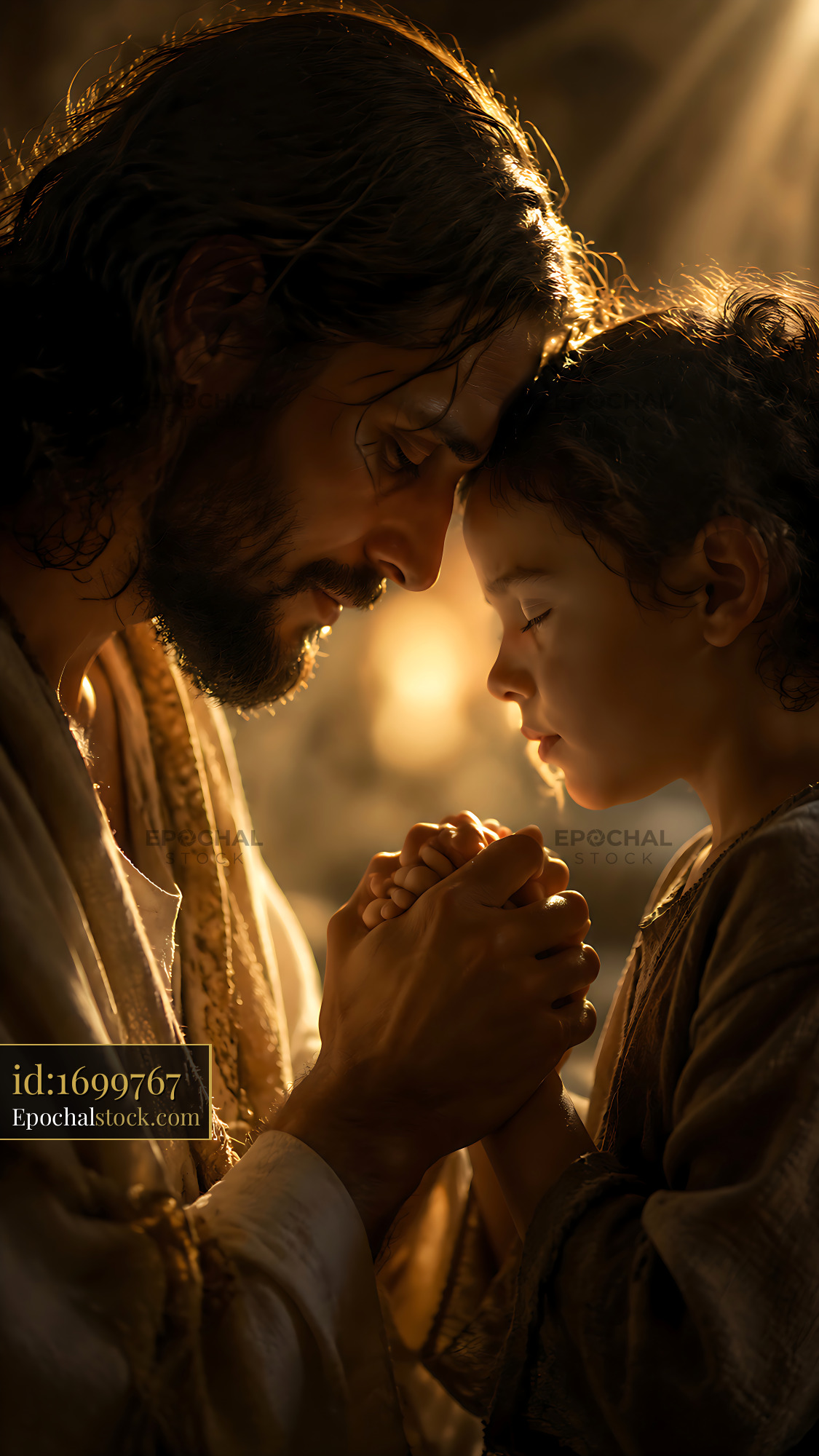 Watermarked full-resolution preview of Man and child pray together in warm light