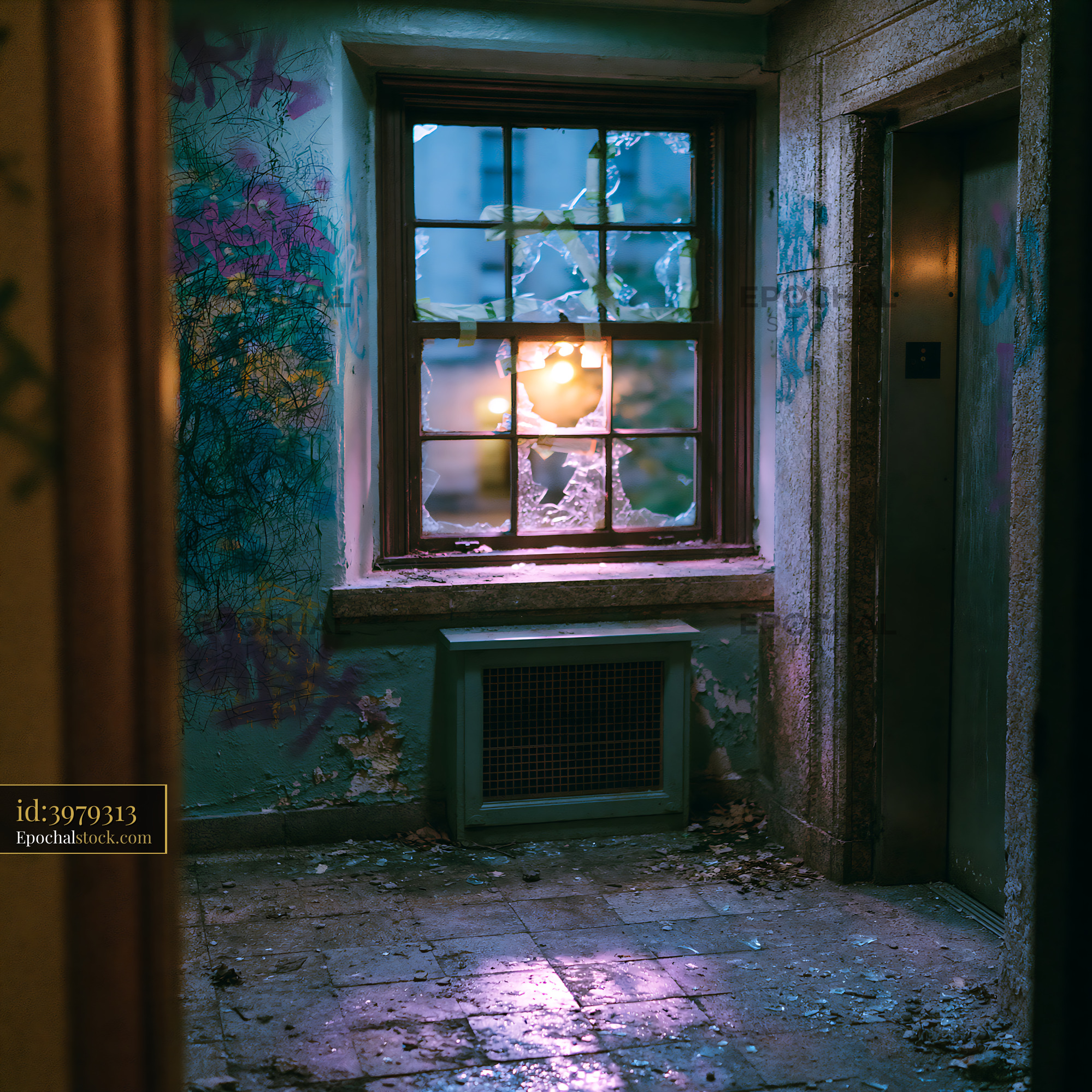 Watermarked full-resolution preview of Abandoned hallway with broken window and elevator