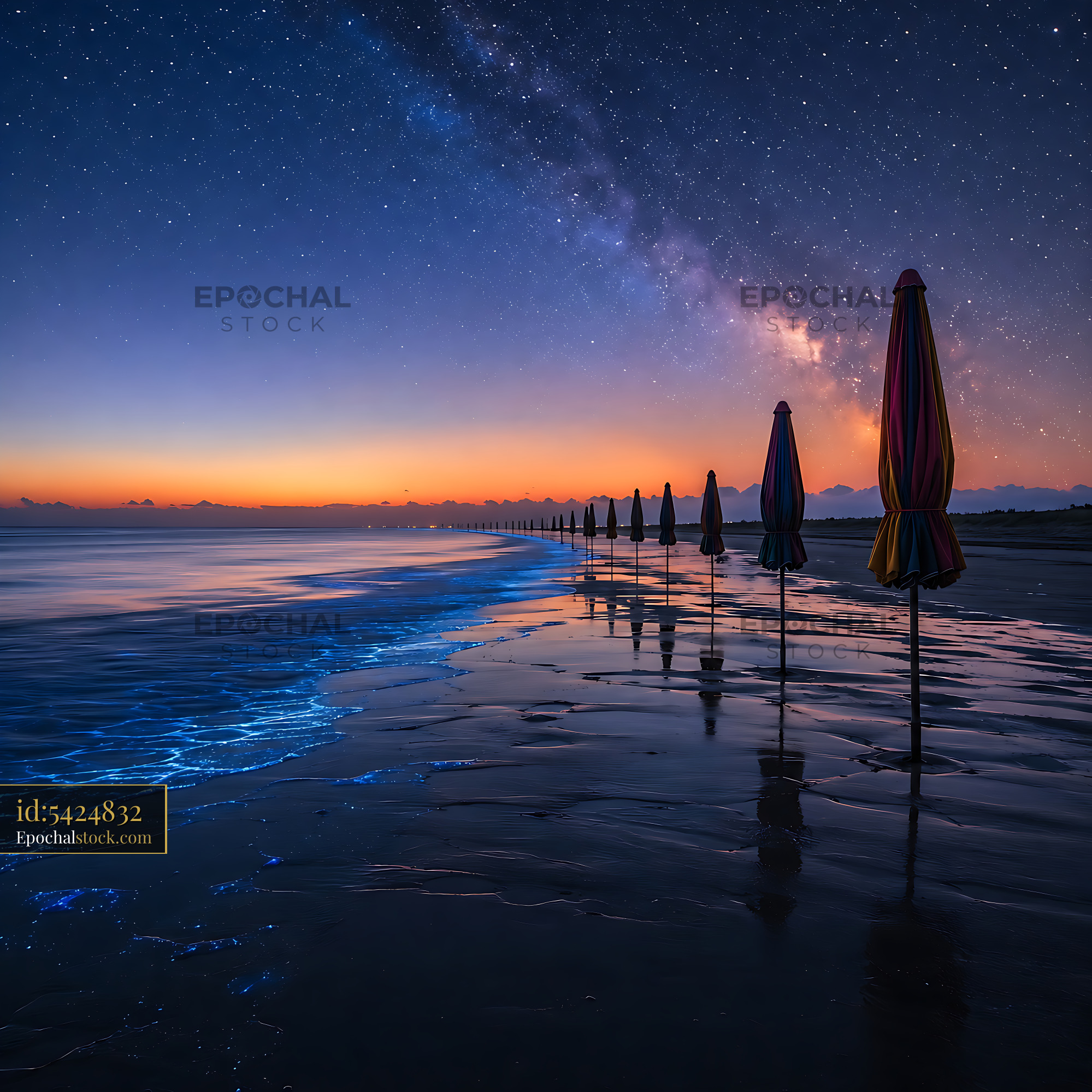 Watermarked full-resolution preview of Milky way over beach with umbrellas in evening light