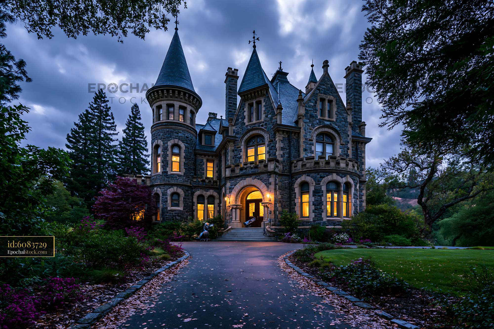 Watermarked full-resolution preview of Historic stone mansion with tall towers and evening lights
