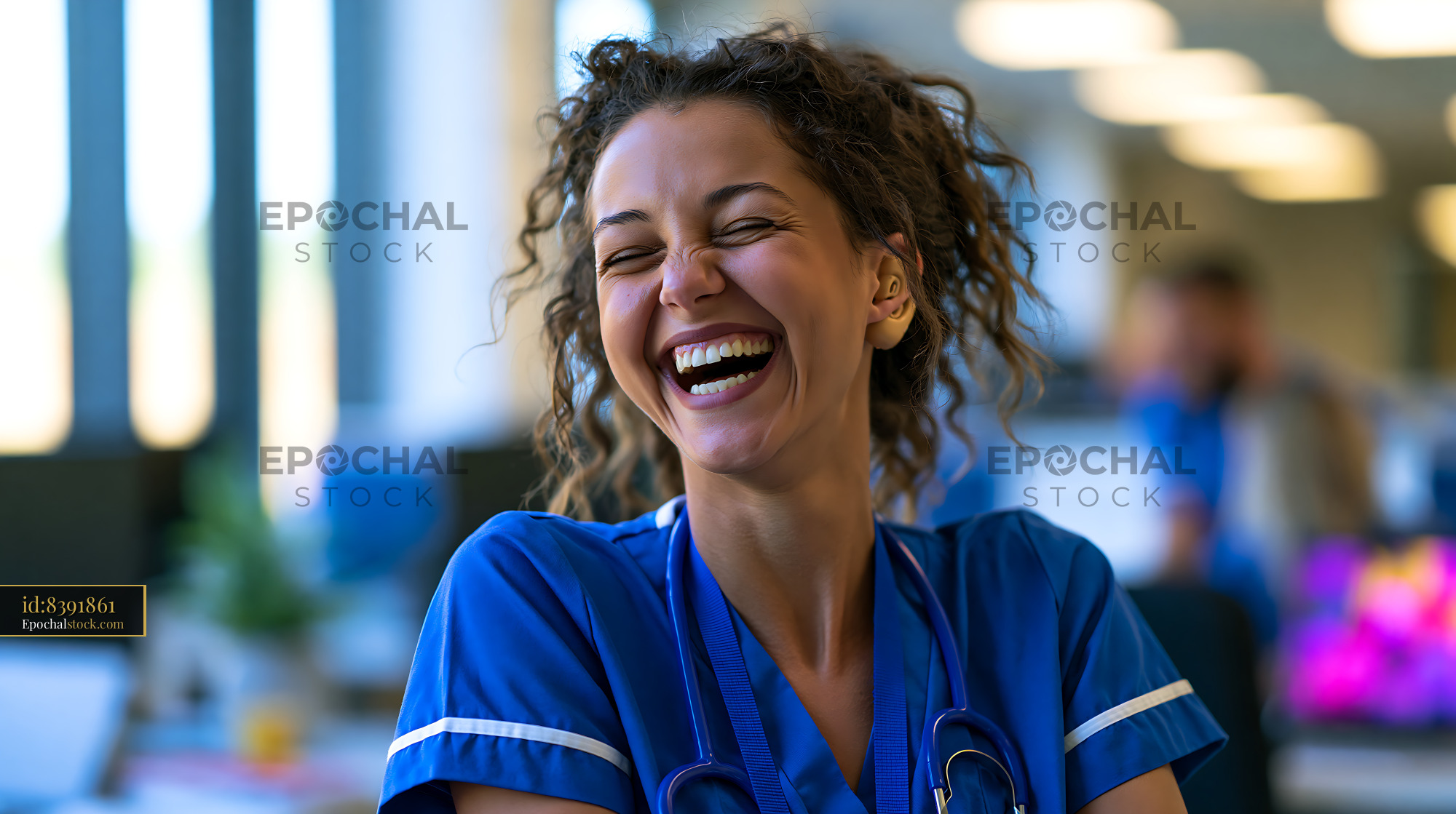Watermarked full-resolution preview of Nurse smiling in a healthcare setting during daytime hours