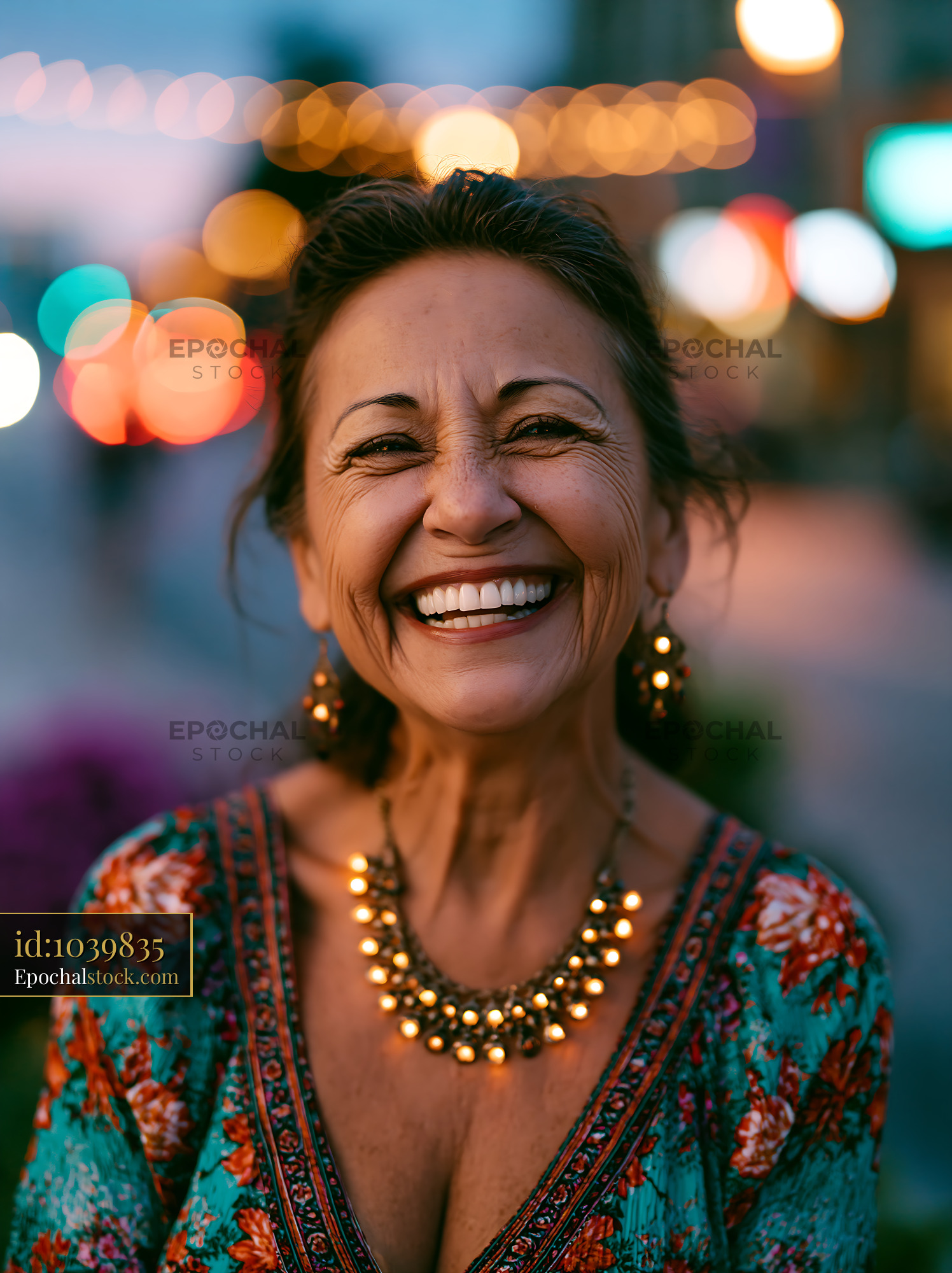 Watermarked full-resolution preview of Smiling woman with jewelry in a bustling city street at dusk