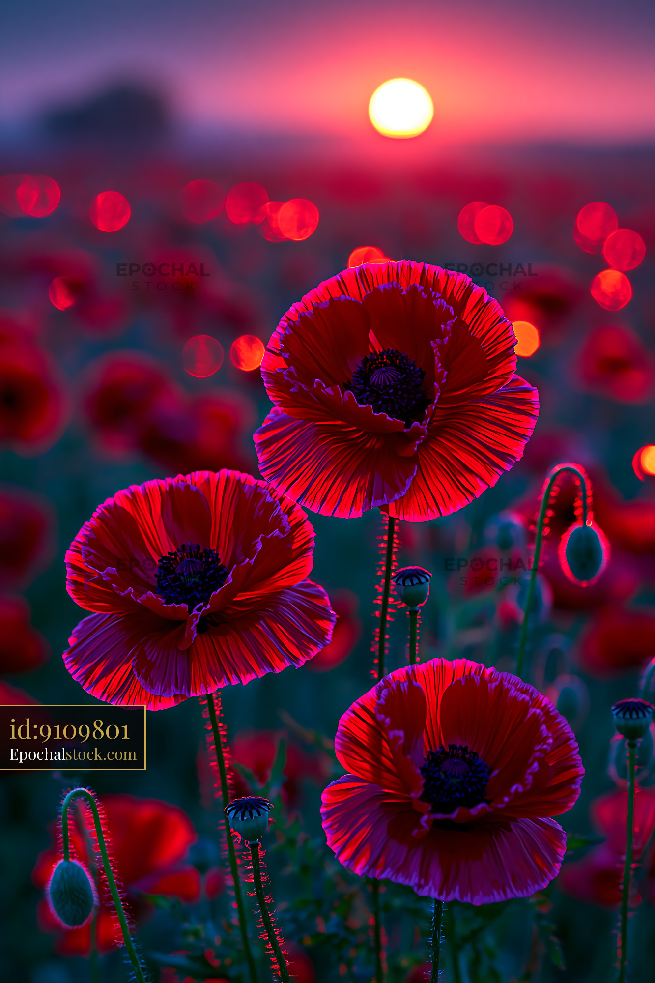 Watermarked full-resolution preview of Poppy flowers at sunset with vibrant sky and soft focus background