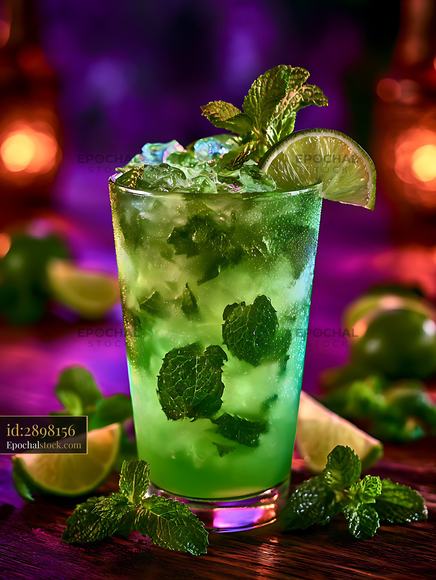 Watermarked full-resolution preview of Lime mint cocktail with ice and vivid background