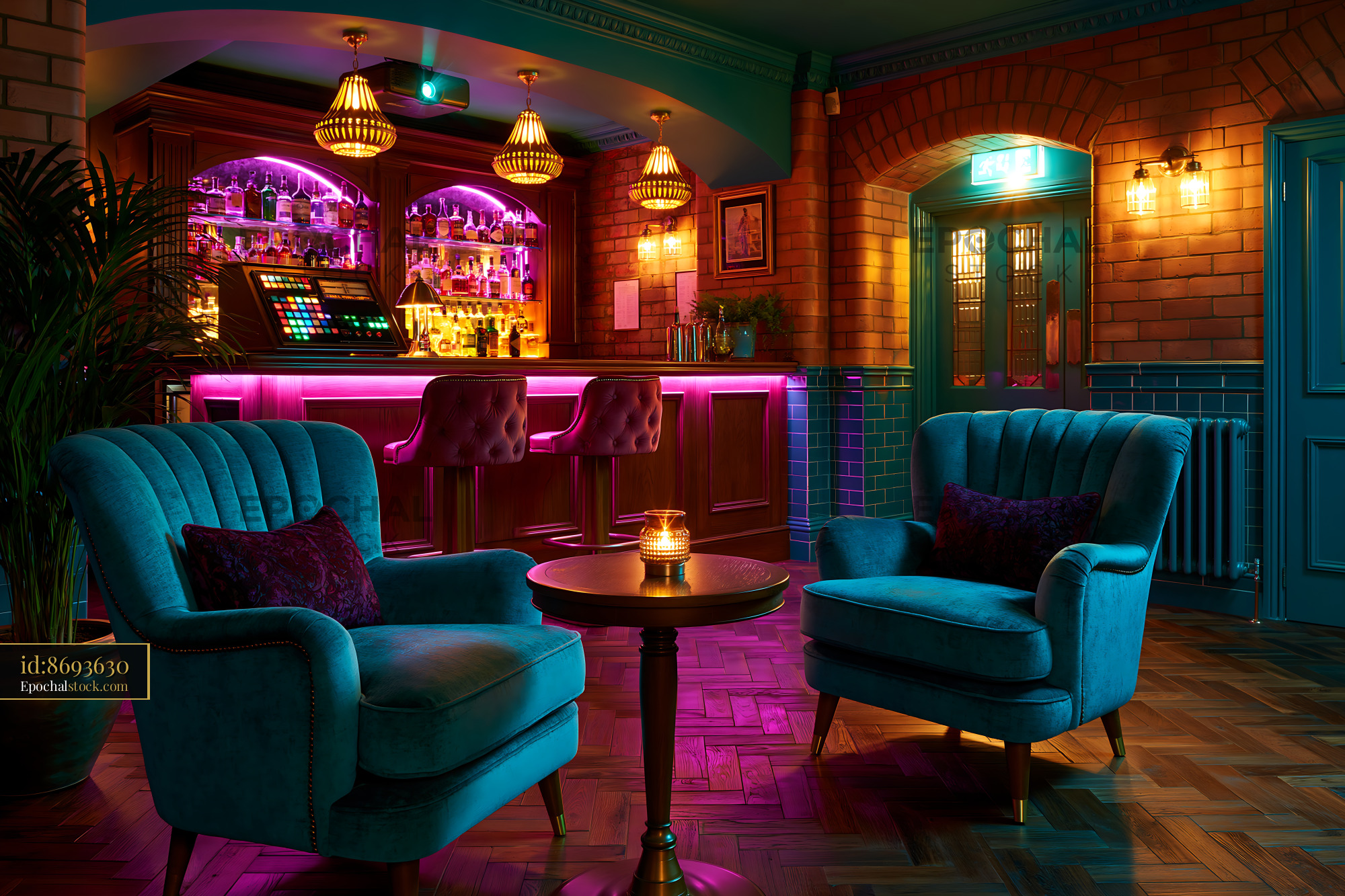 Watermarked full-resolution preview of Seating area in a modern bar with vibrant lighting and décor