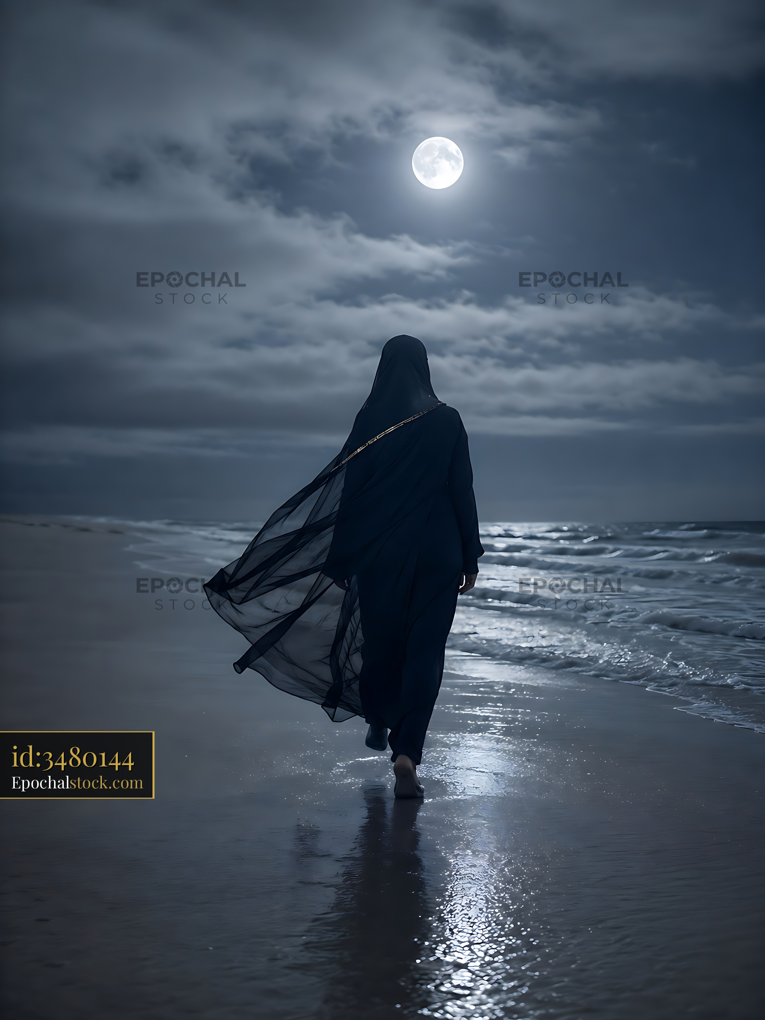 Watermarked full-resolution preview of Person walking on beach at night under full moon