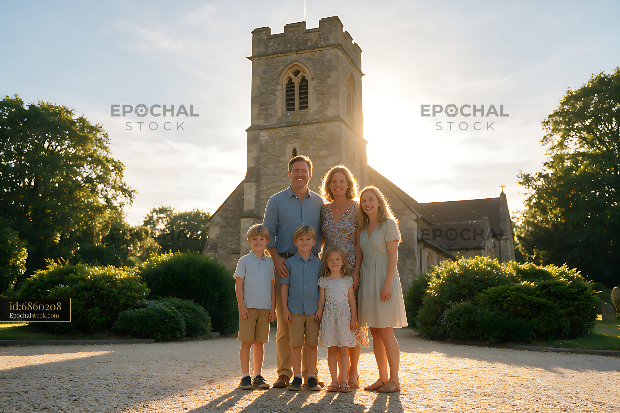 Watermarked full-resolution preview of Family portrait outside a stone church at sunset