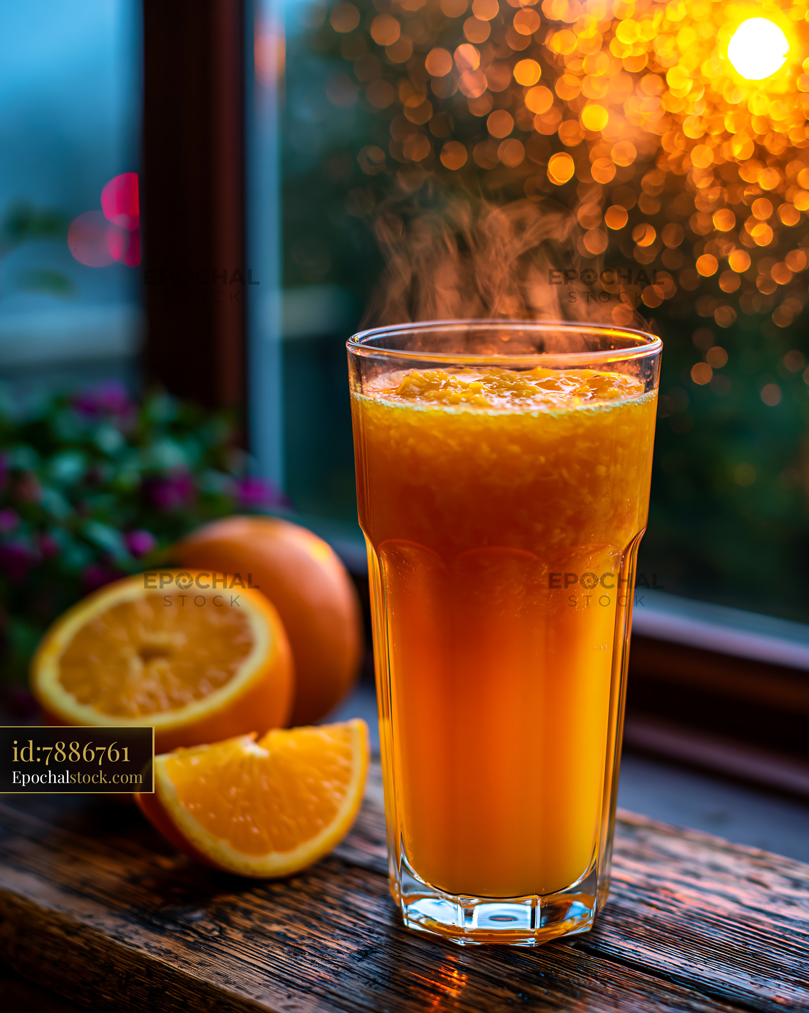 Watermarked full-resolution preview of Fresh orange juice served in a glass with oranges and sunlight