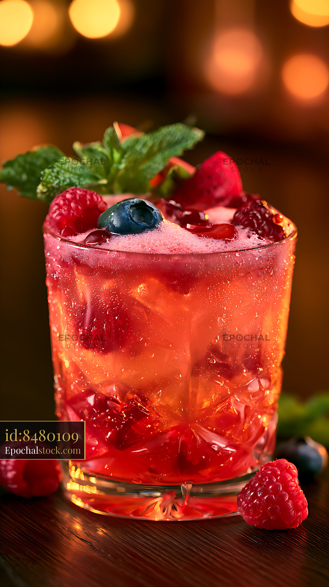 Watermarked full-resolution preview of Close-up red berry drink with fresh fruit garnish