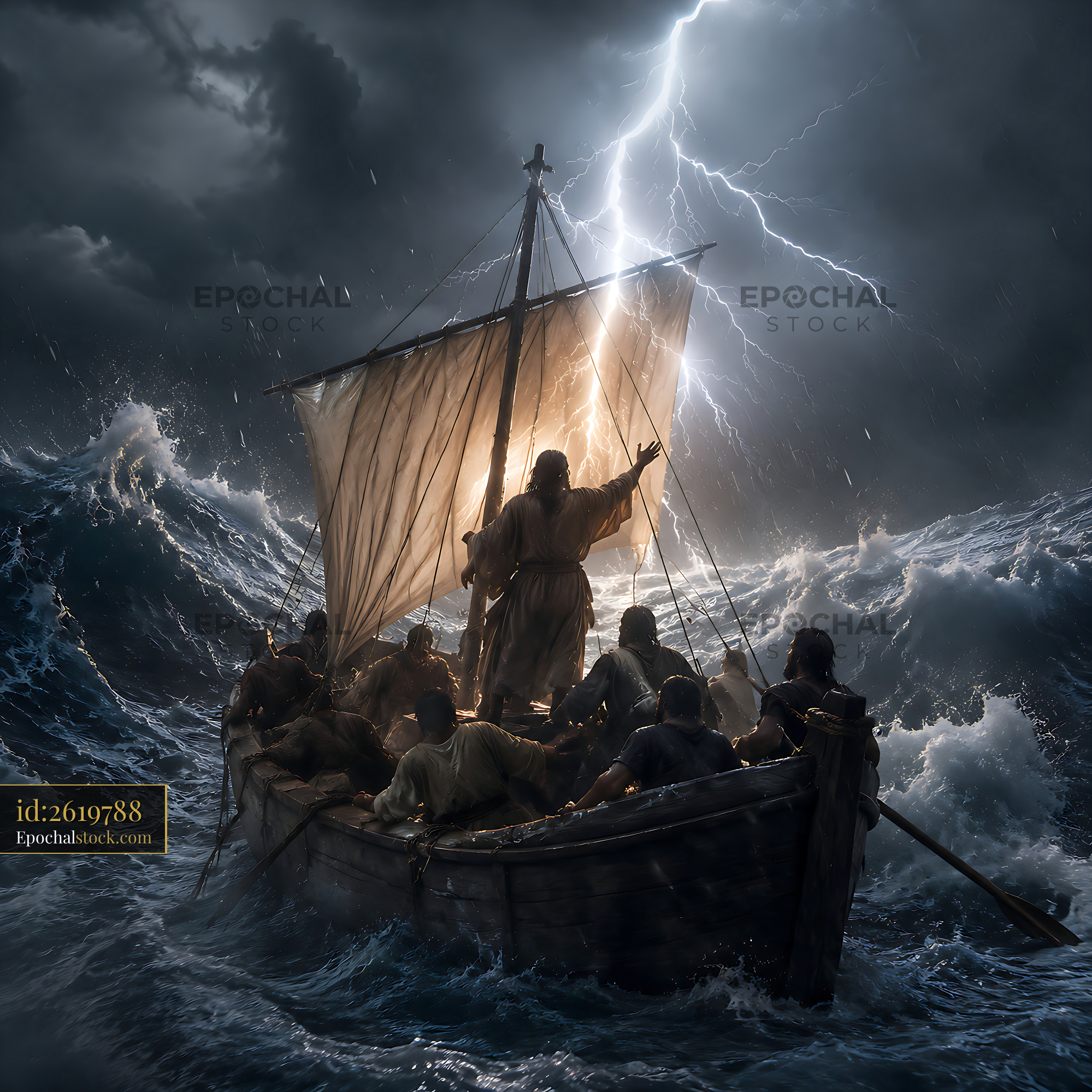 Watermarked full-resolution preview of Stormy sea with sailors on a wooden boat navigating waves
