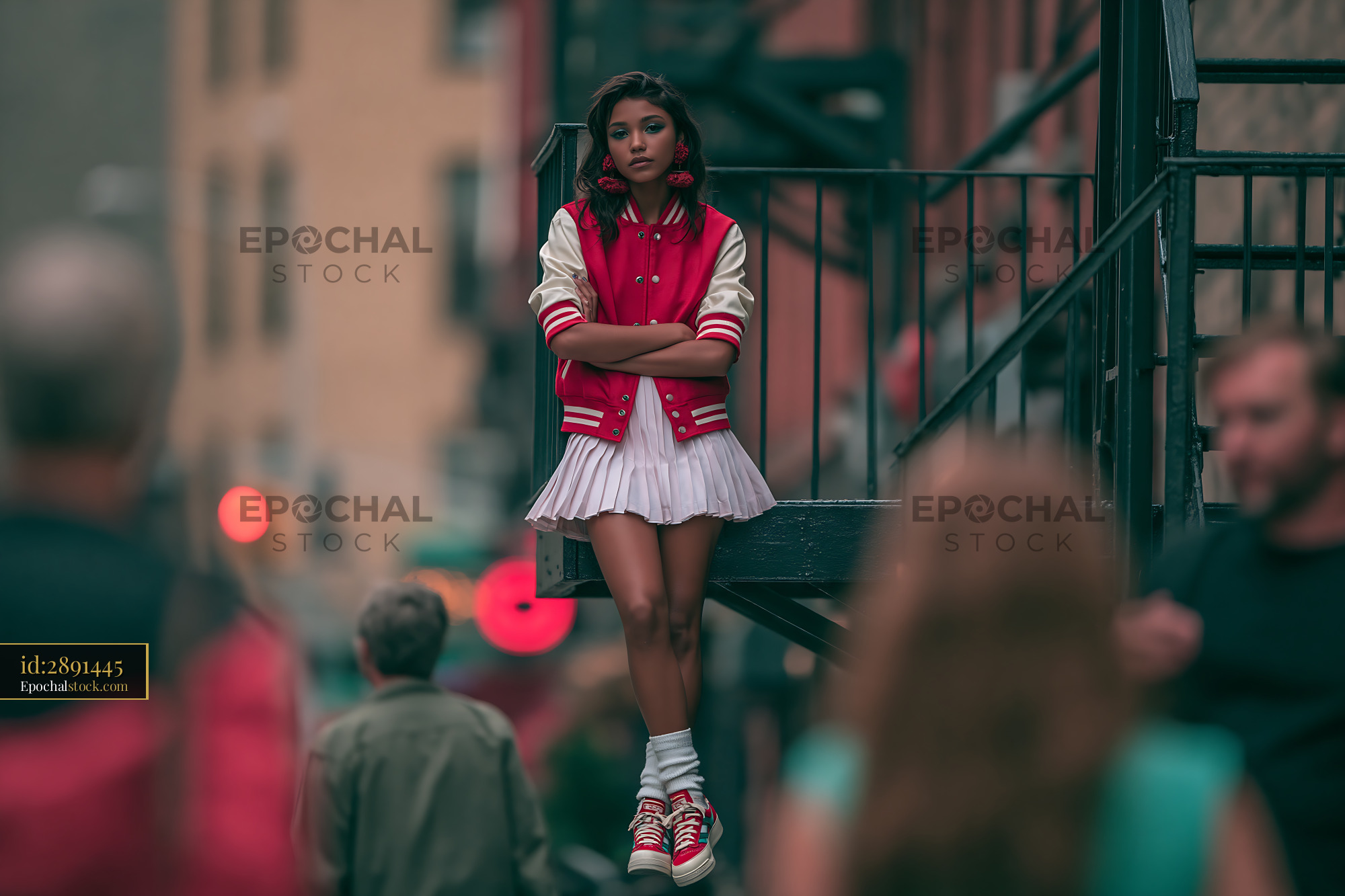 Watermarked full-resolution preview of Young person in varsity jacket on staircase observing street scene