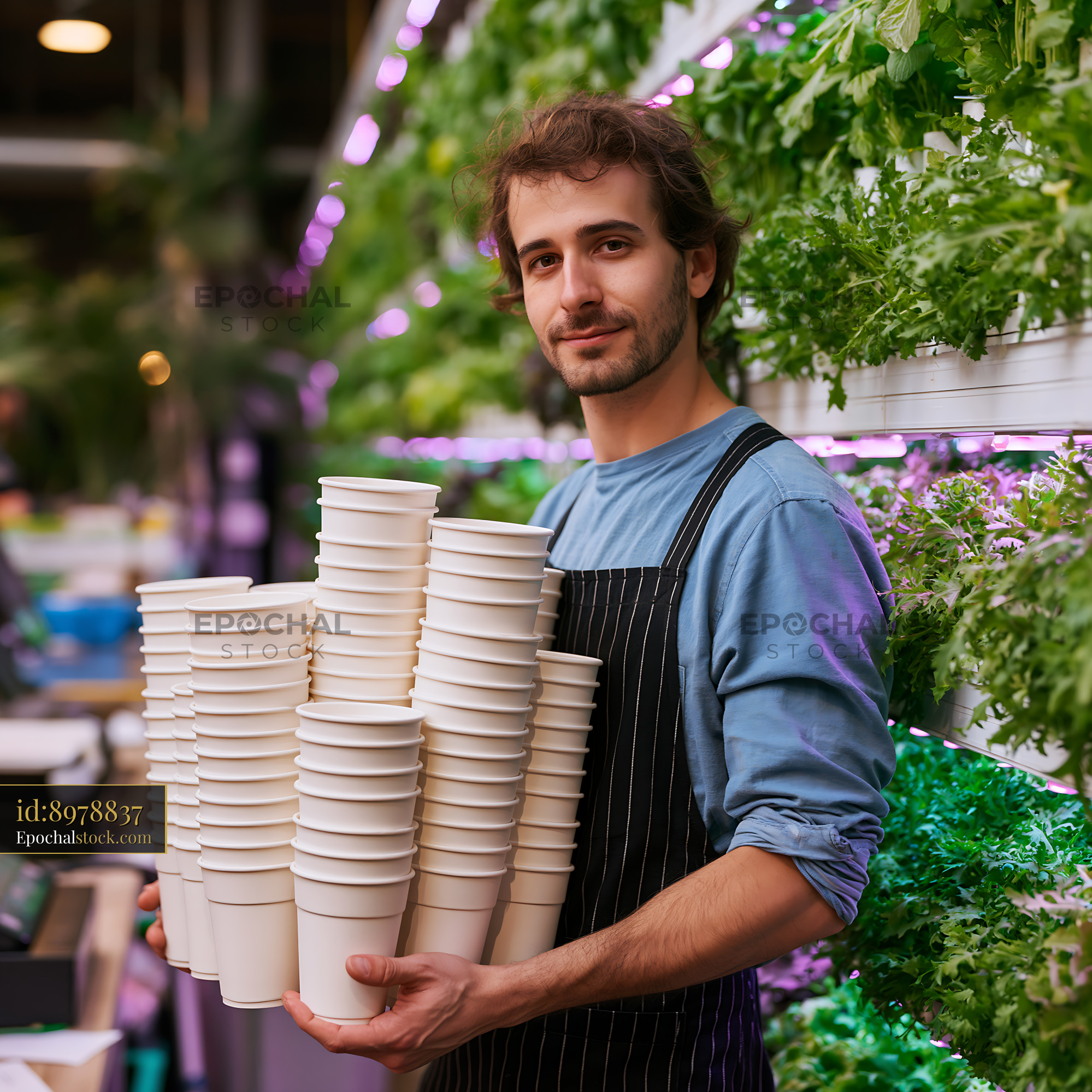 Watermarked full-resolution preview of Person holding a stack of cups in a greenhouse