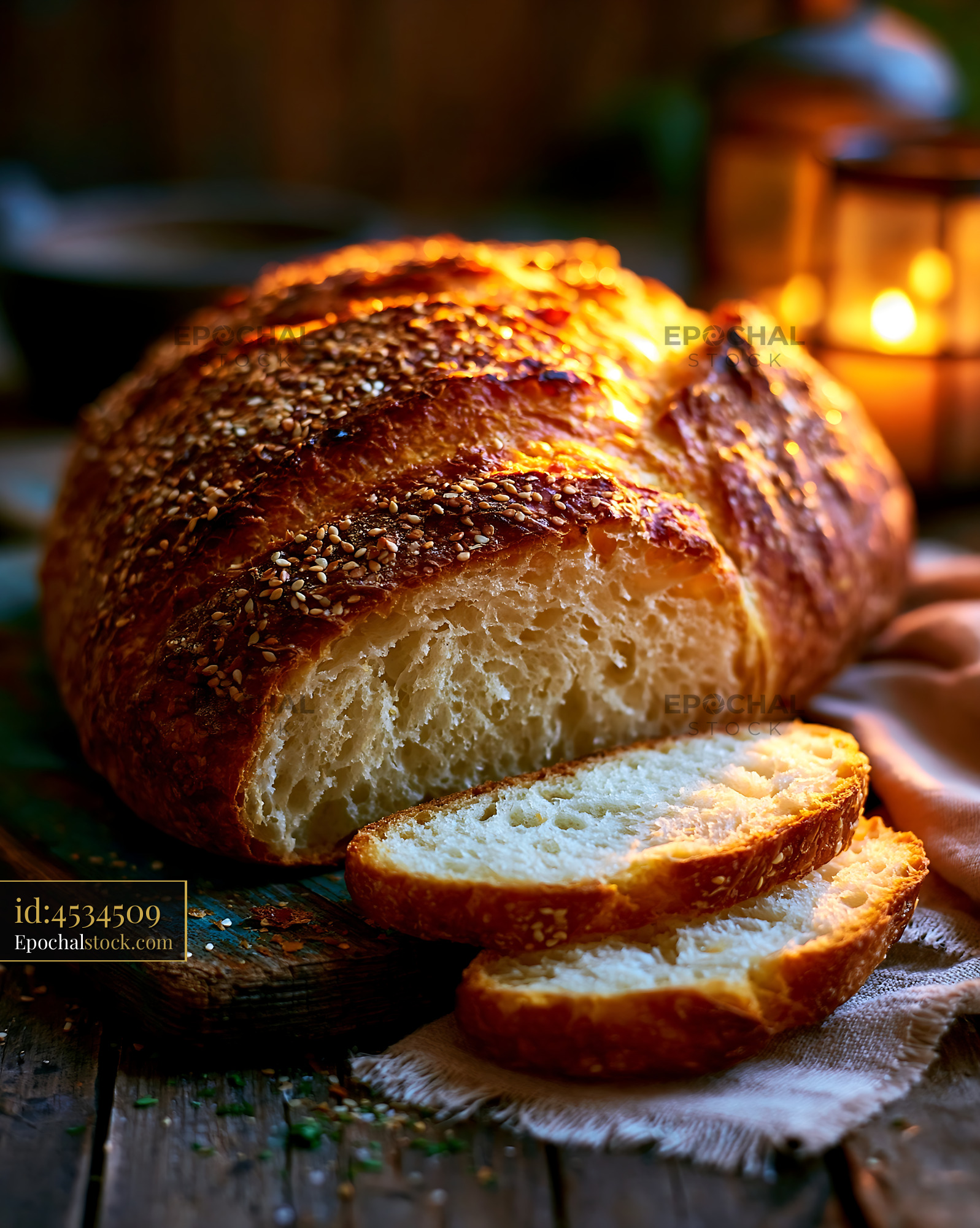 Watermarked full-resolution preview of Freshly baked bread loaf on wooden table with slices cut