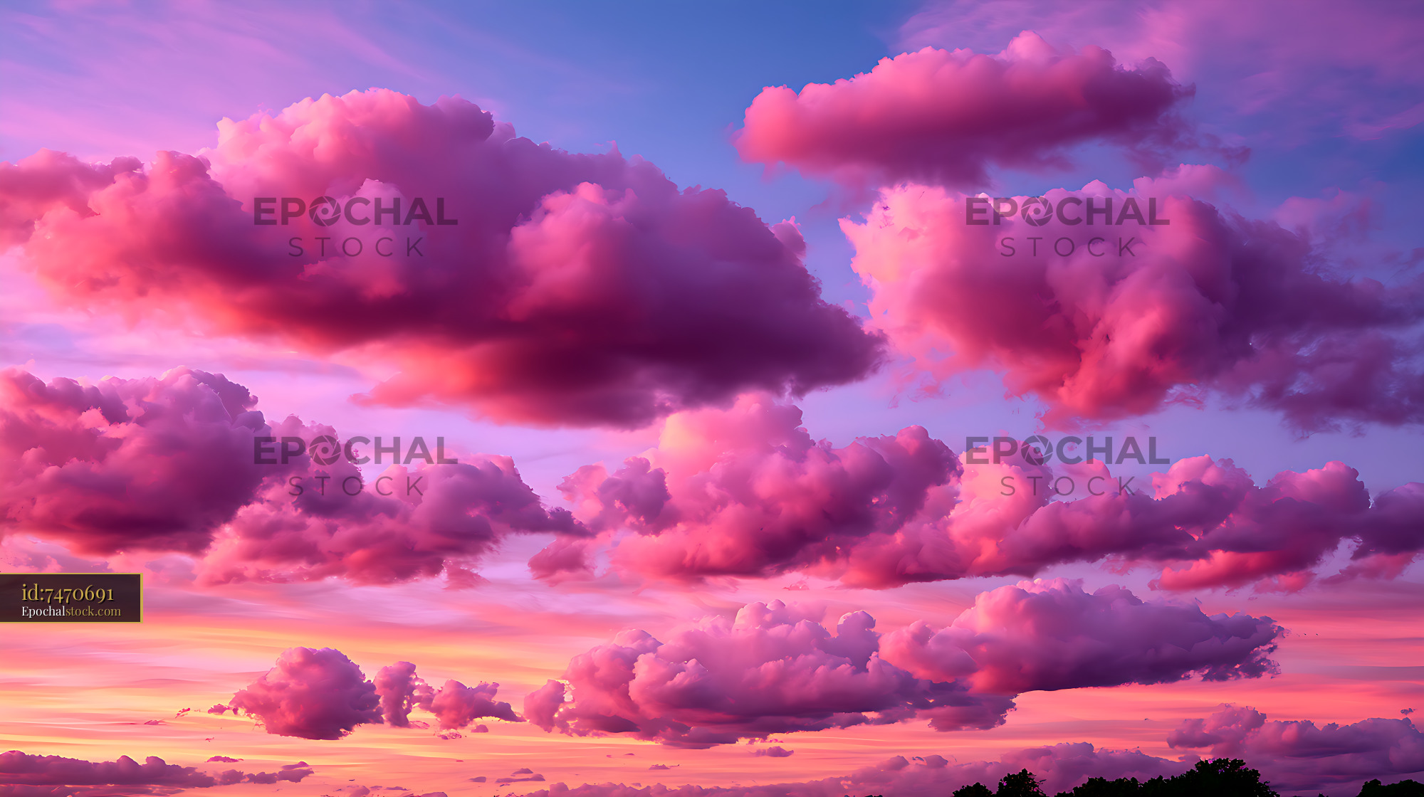 Watermarked full-resolution preview of Vibrant pink cloudscape beneath a purple sunset sky