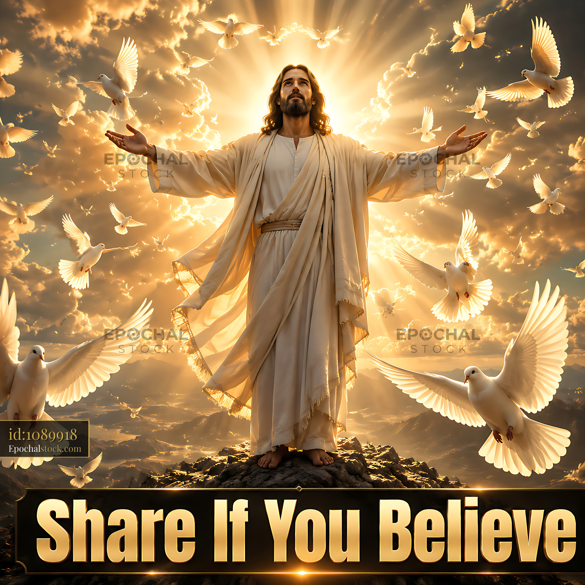 Watermarked full-resolution preview of Jesus surrounded by doves with a bright background