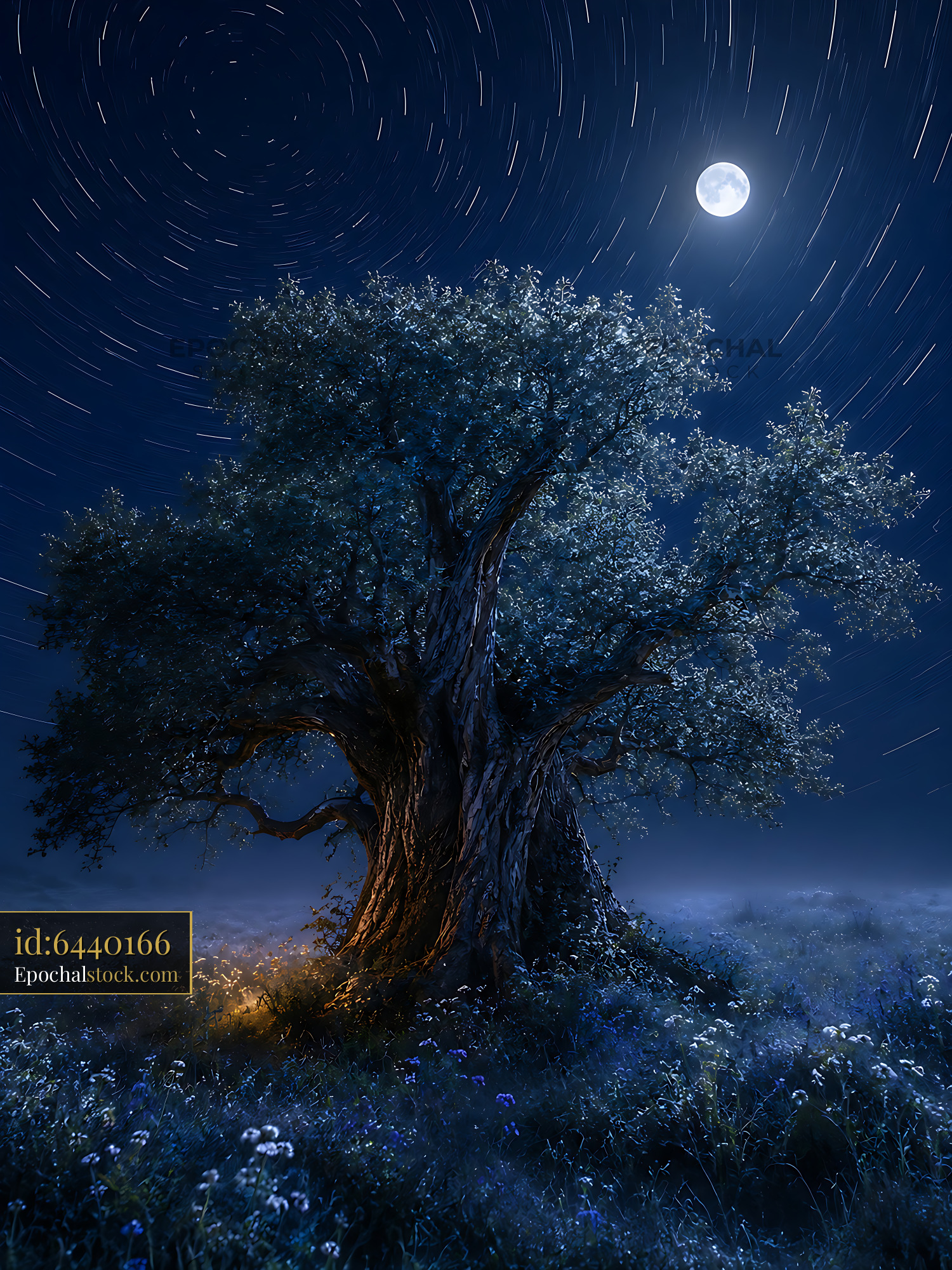 Large Tree Stands Under Night Sky With Stars and Full Moon - stock photo