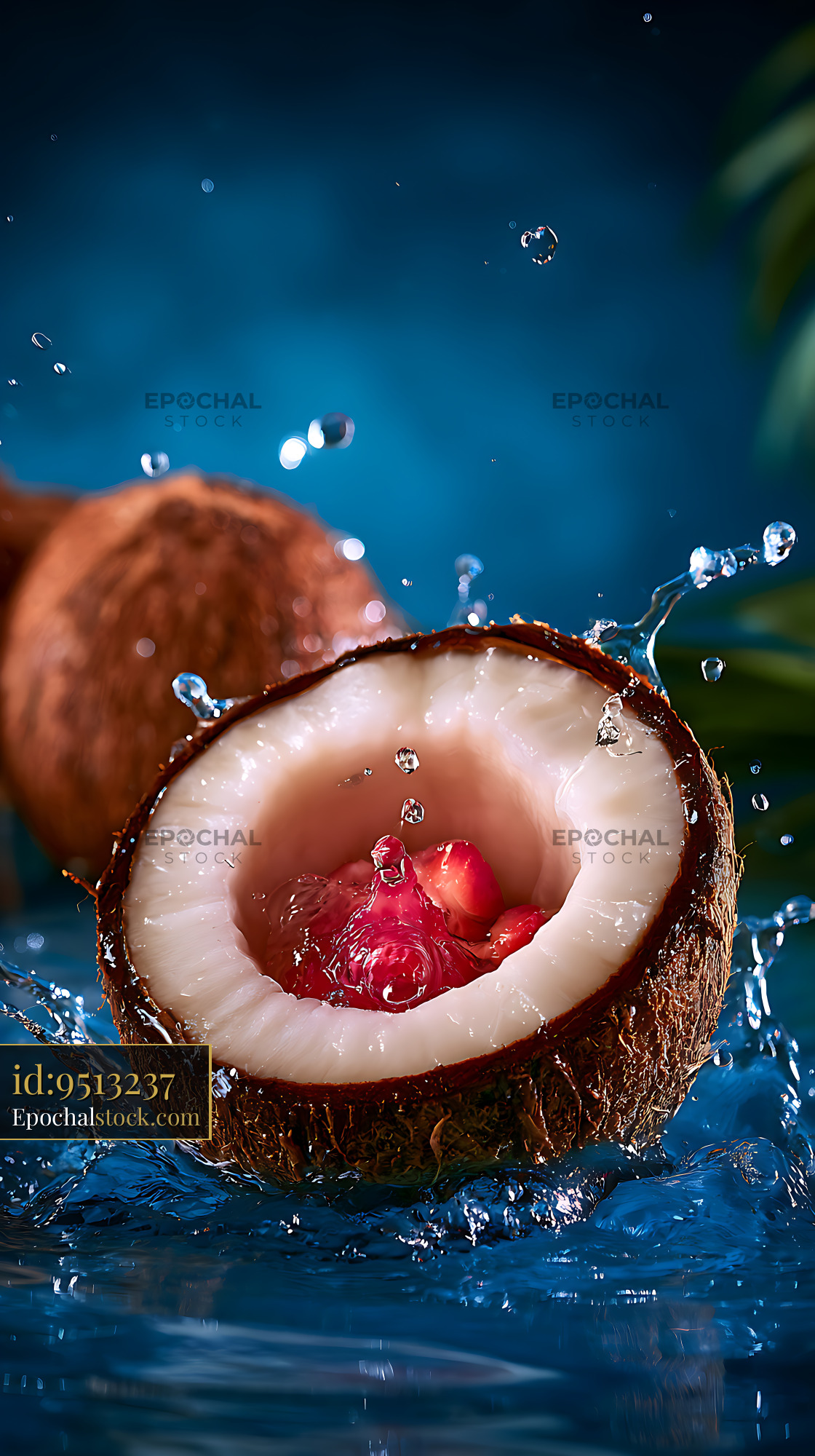 Watermarked full-resolution preview of Halved coconut and red fruit in splashing water
