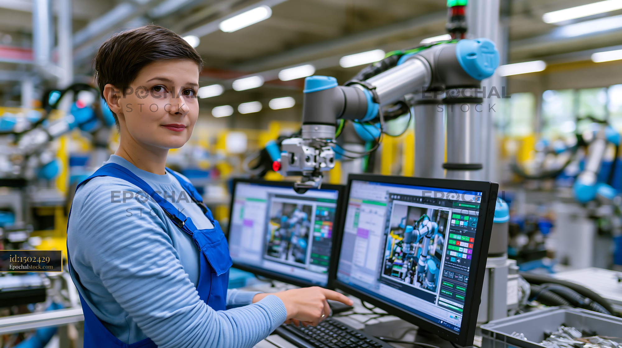 Watermarked full-resolution preview of Woman operating machinery in a modern industrial workspace