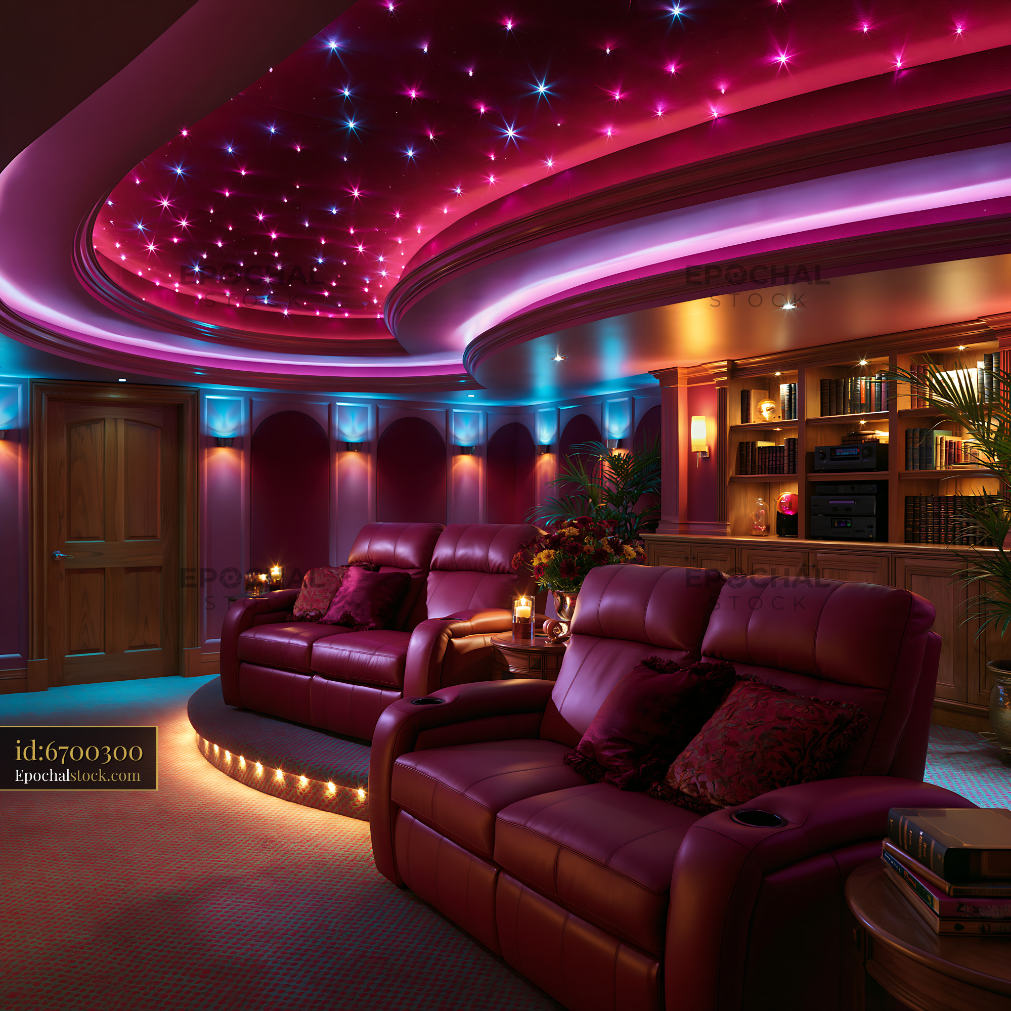 Watermarked full-resolution preview of Home theater room with comfortable seating and colorful lighting