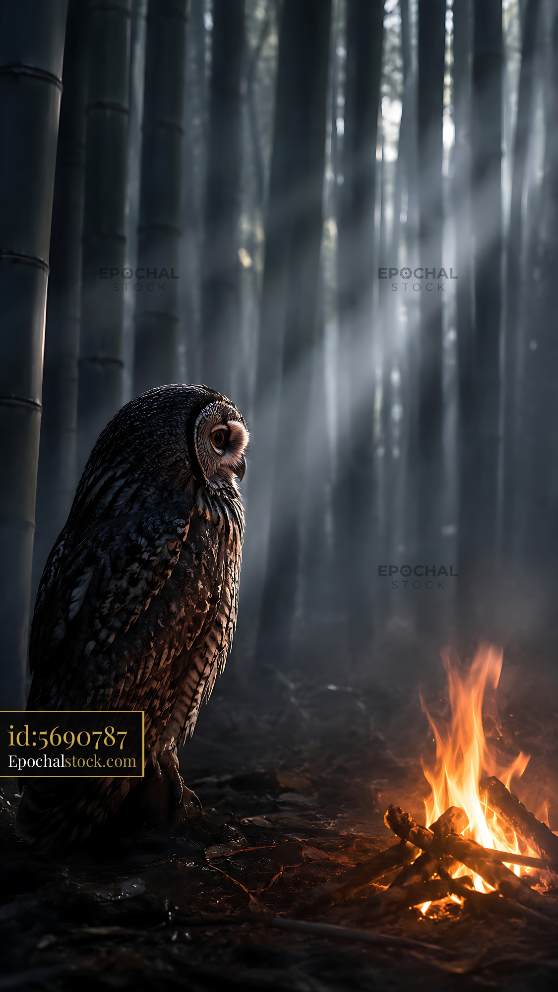 Watermarked full-resolution preview of Owl observing a fire in a dark forest