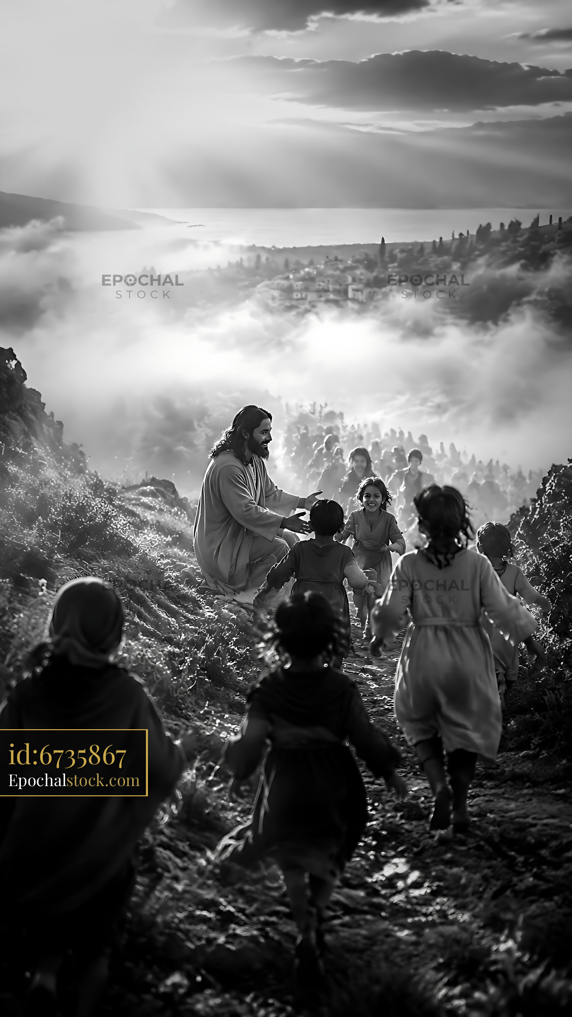 Watermarked full-resolution preview of Children running towards a figure on a hillside