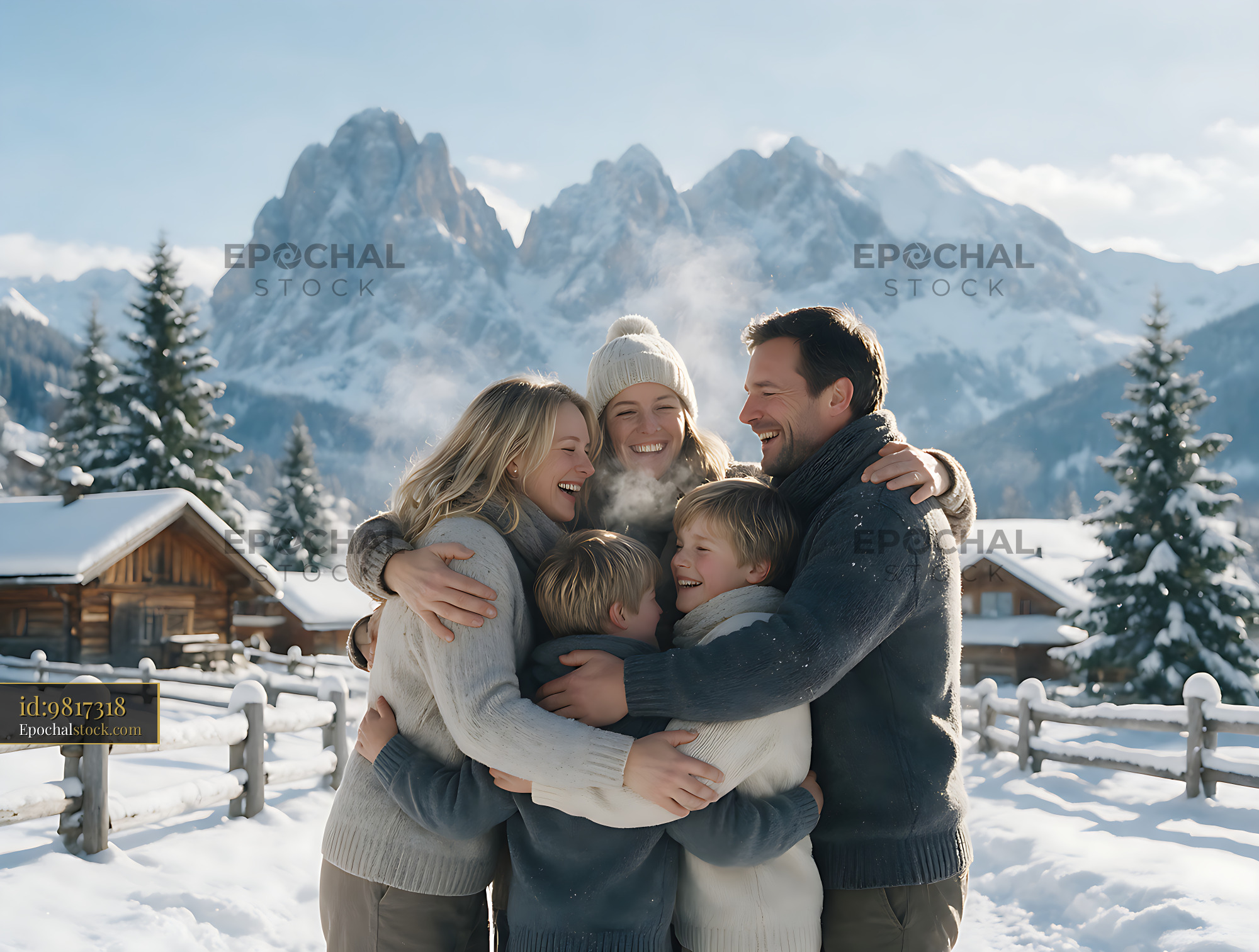 Watermarked full-resolution preview of Happy family hug in snowy alpine landscape