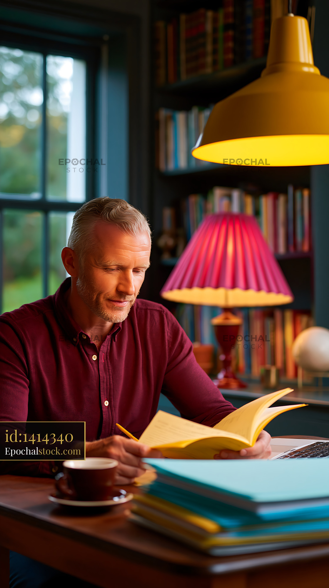 Watermarked full-resolution preview of Man reading yellow book at home with warm lights