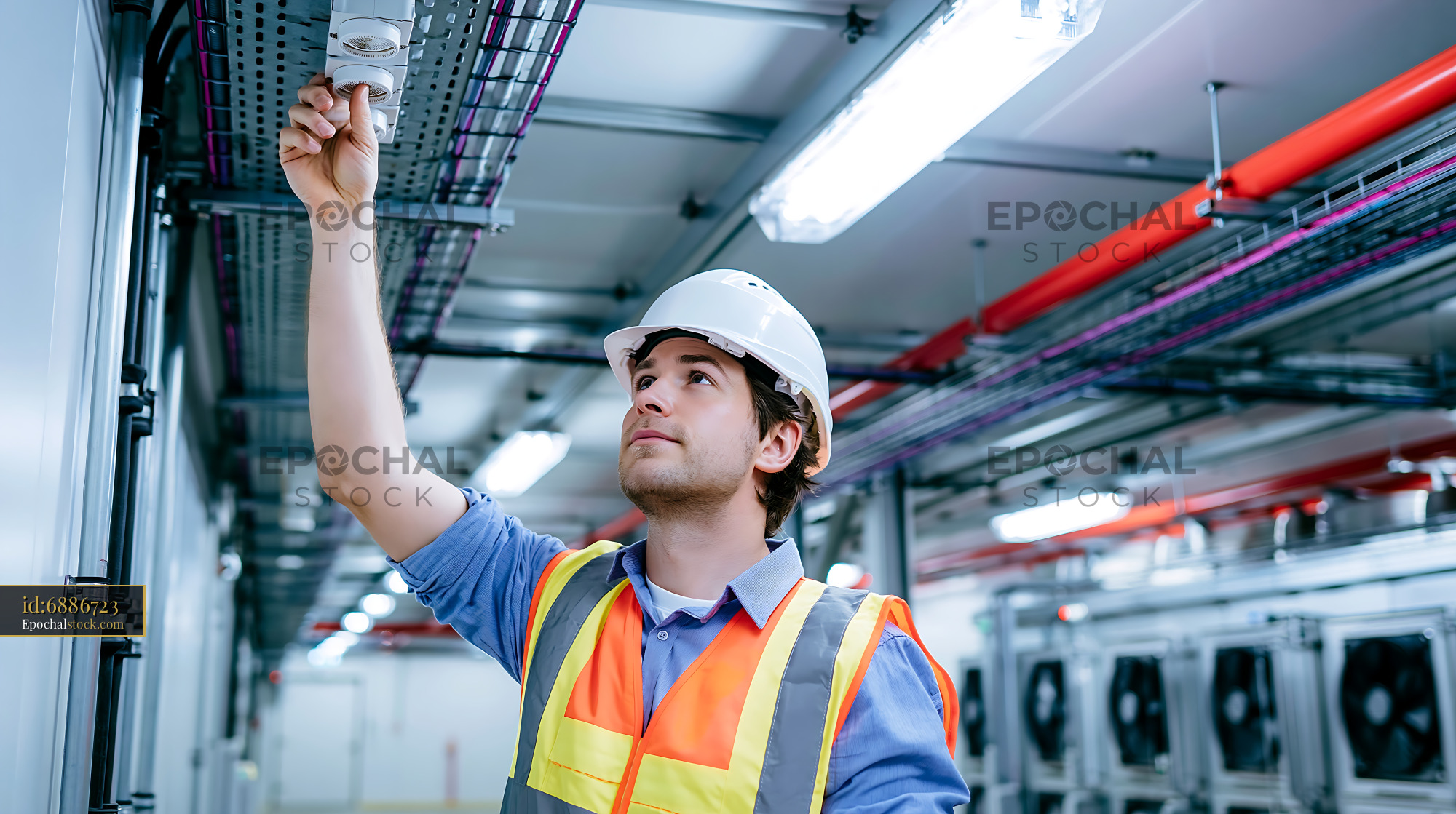 Watermarked full-resolution preview of Worker installing equipment in an industrial facility