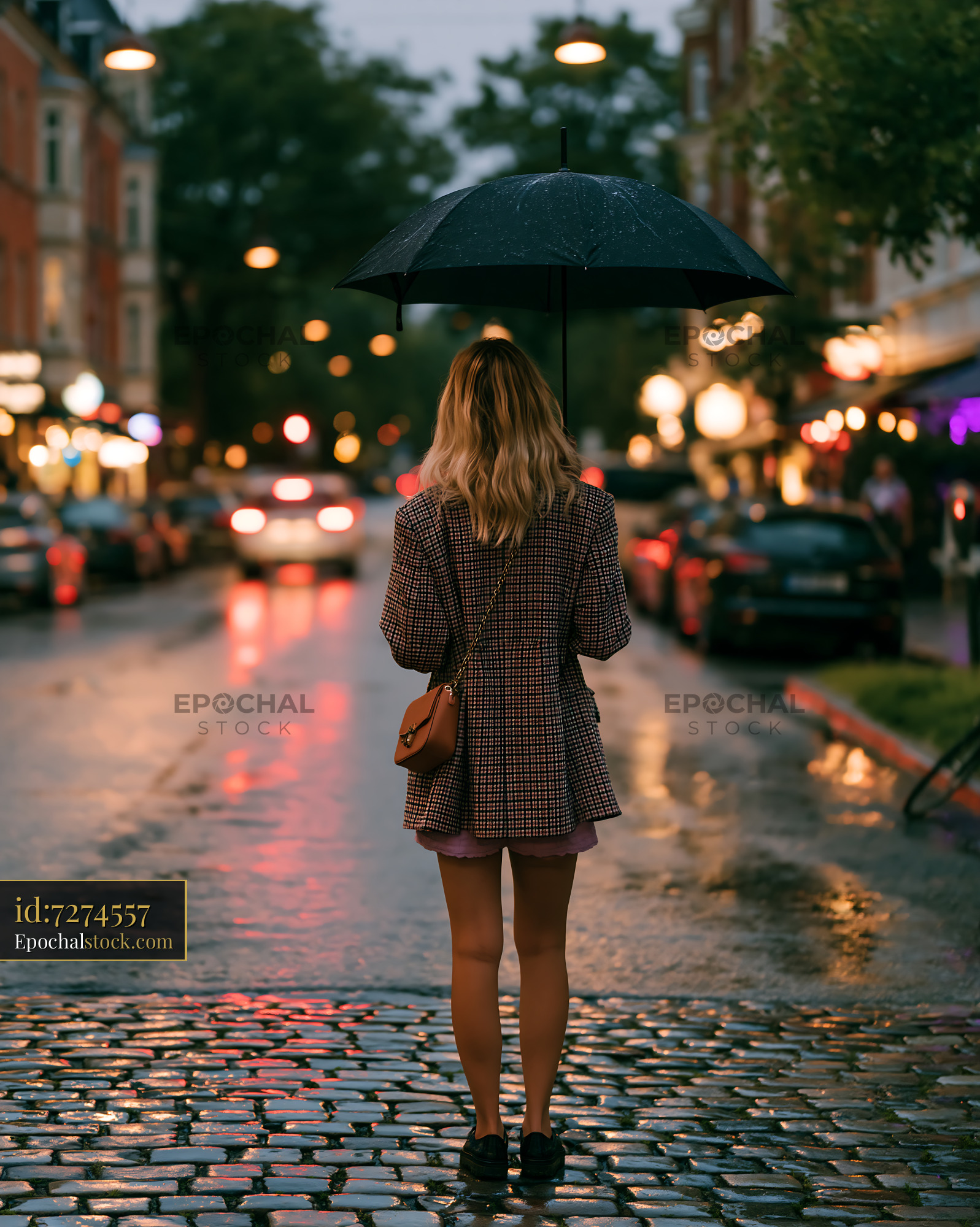 Watermarked full-resolution preview of Woman with umbrella on rainy street during evening