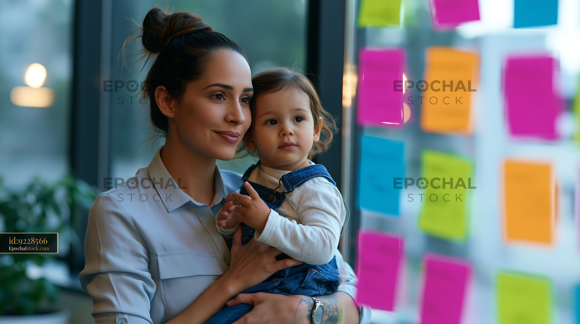 Watermarked full-resolution preview of Woman holding child in front of colorful sticky notes on glass