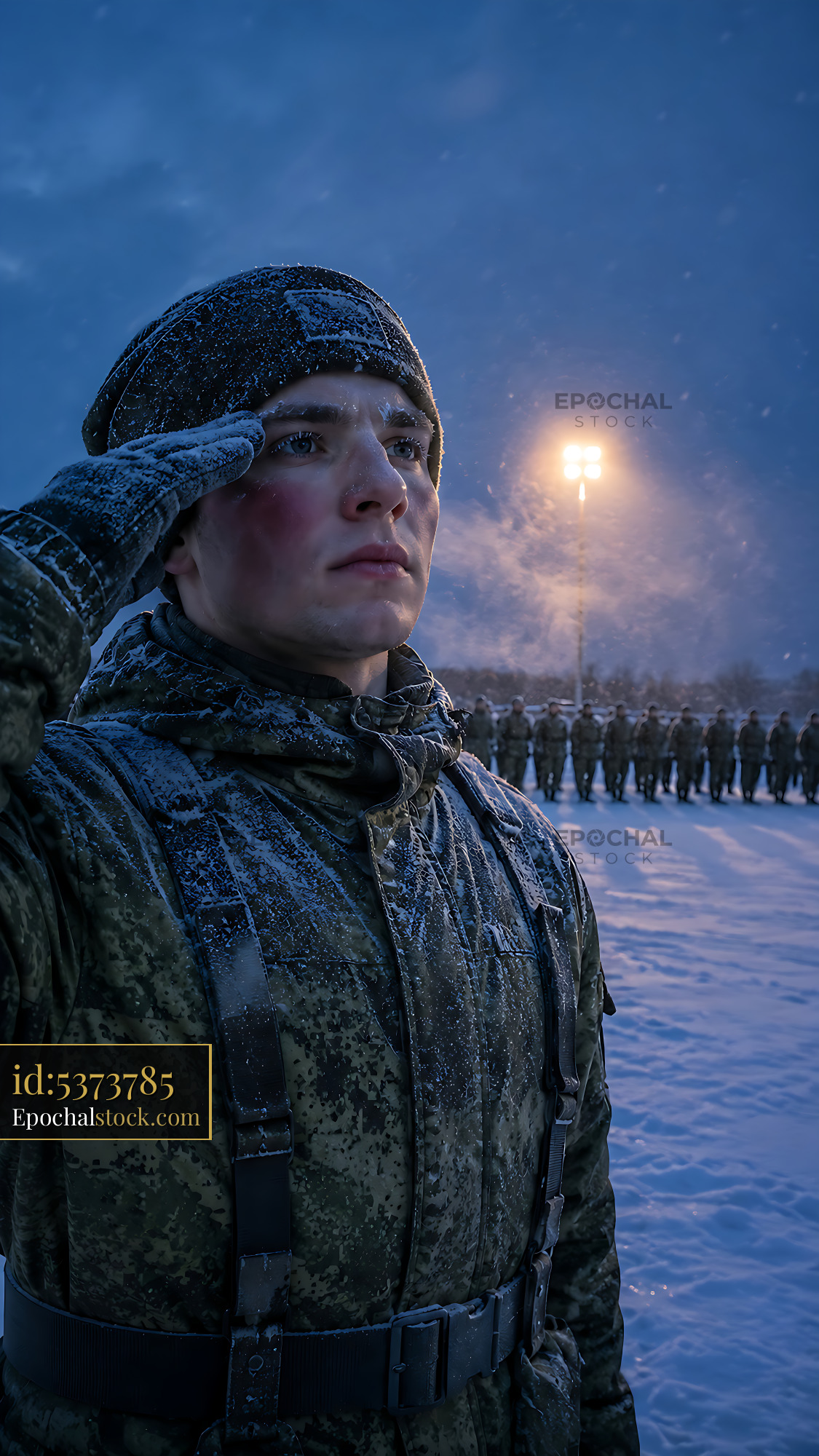 Soldier Salutes During Winter Training in Snowy Environment - stock photo