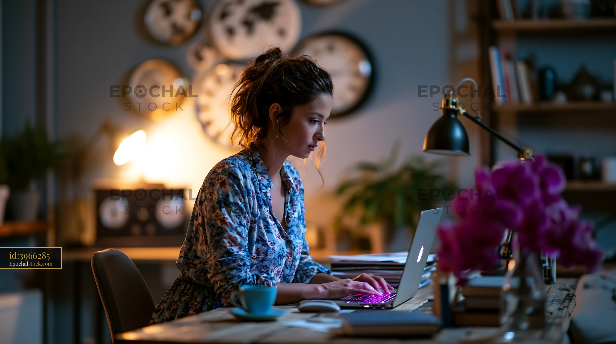 Watermarked full-resolution preview of Woman working on laptop at home desk during evening