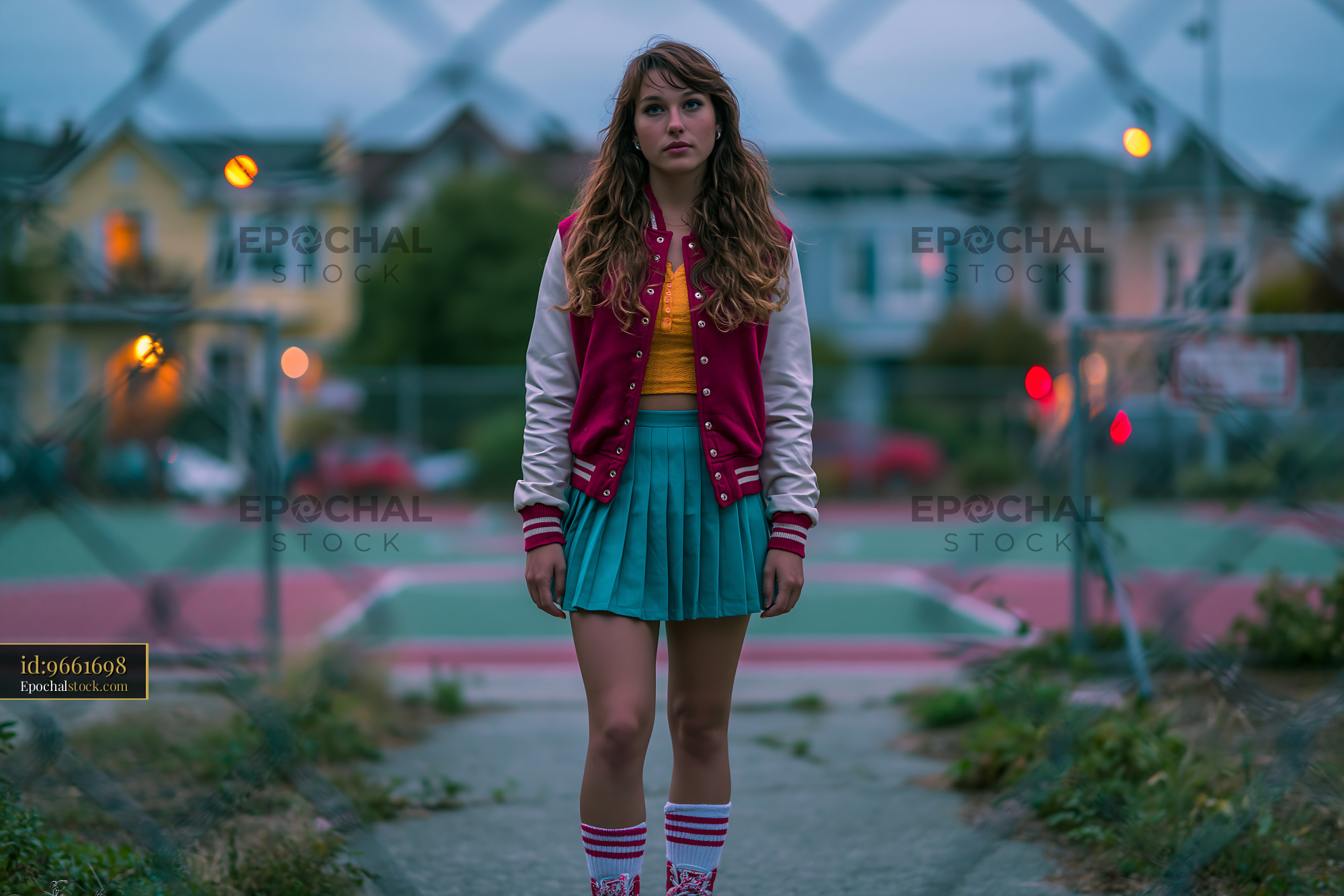 Watermarked full-resolution preview of Young woman in a pink jacket standing near a tennis court at dusk
