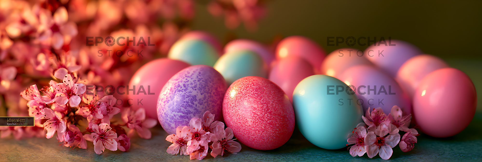 Watermarked full-resolution preview of Colorful pastel eggs and pink blossoms in warm light