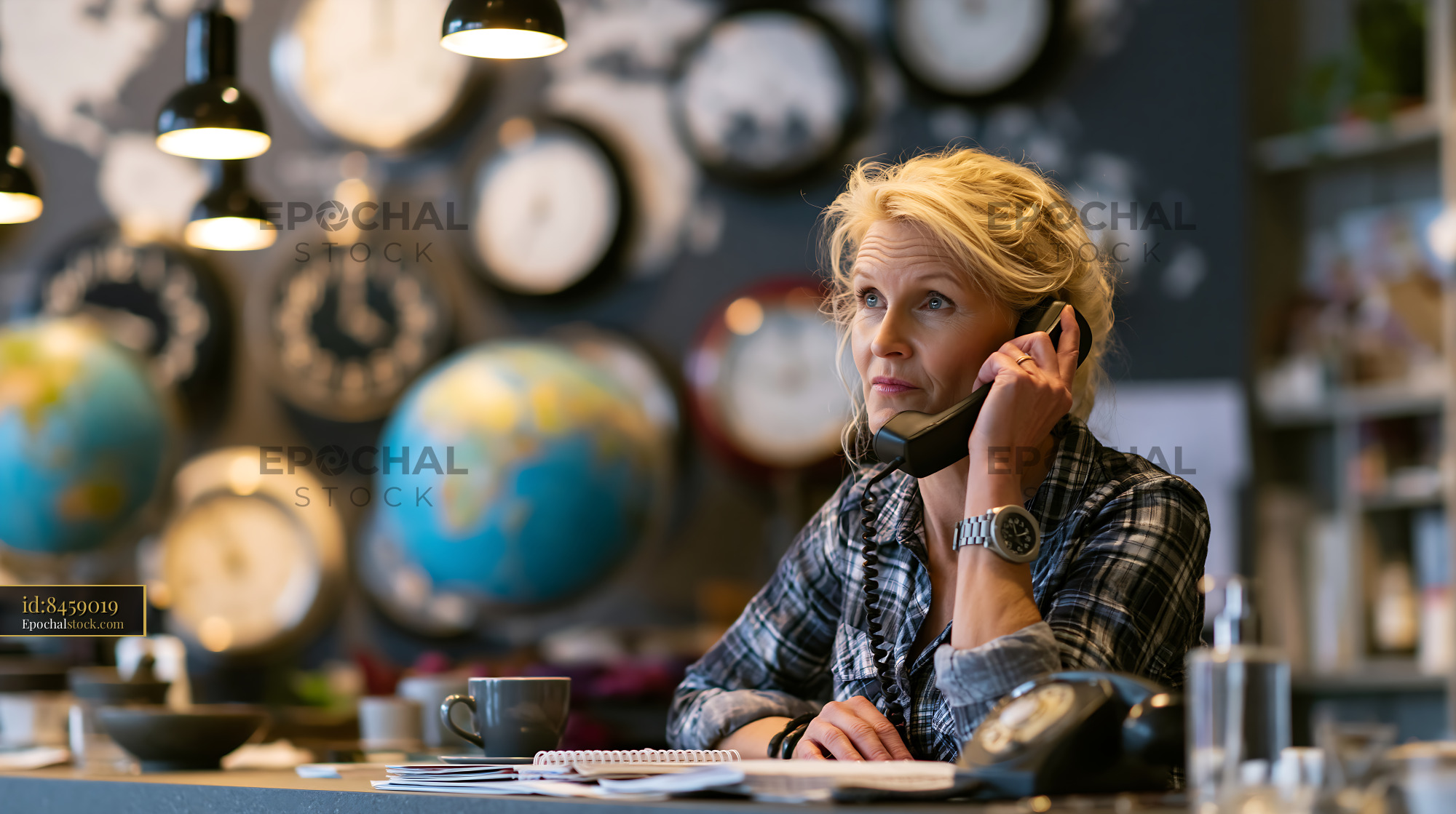 Watermarked full-resolution preview of Woman talking on the phone in a cafe with clocks on the wall
