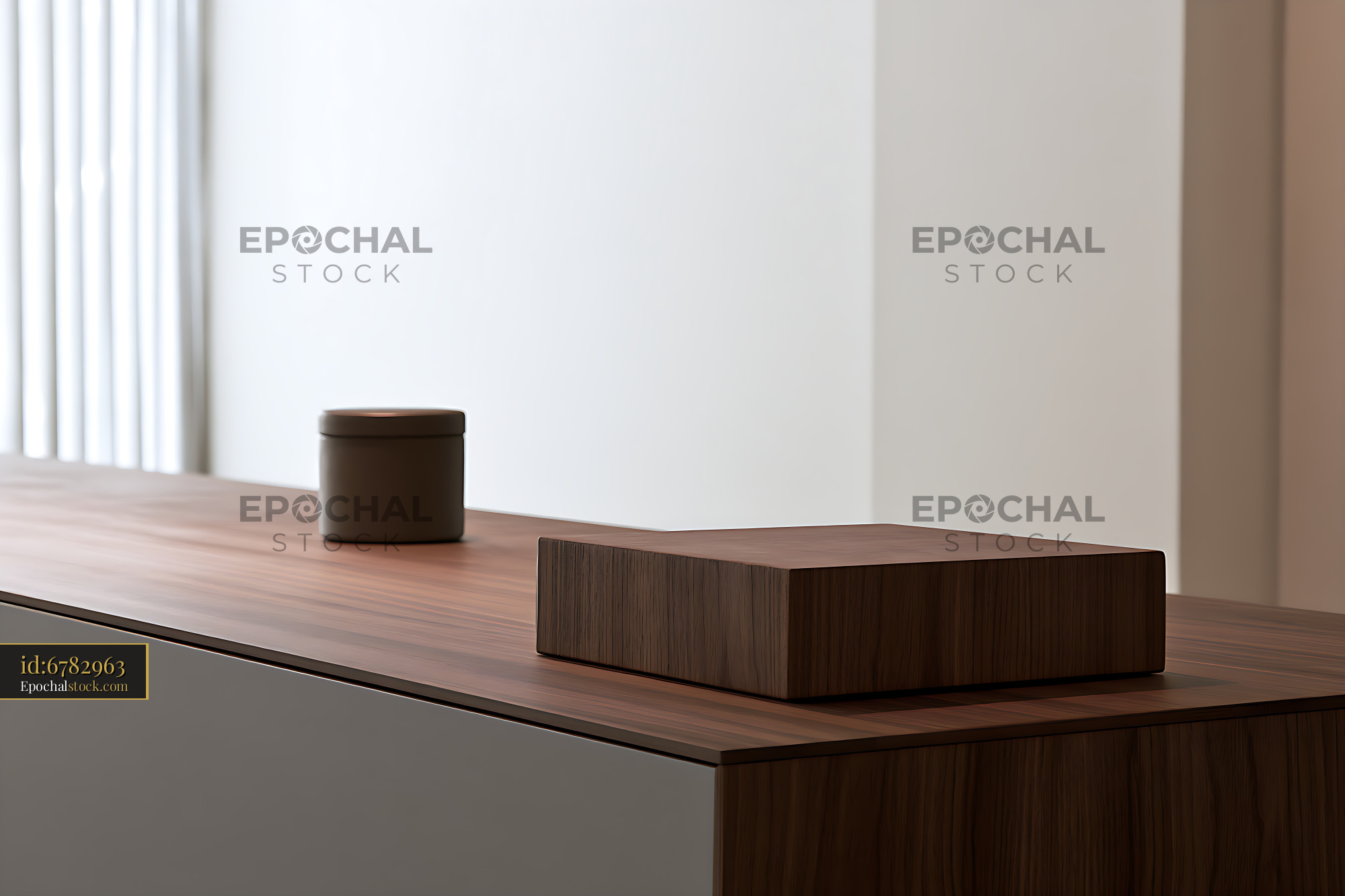 Watermarked full-resolution preview of Minimalist wood furniture still life in soft light