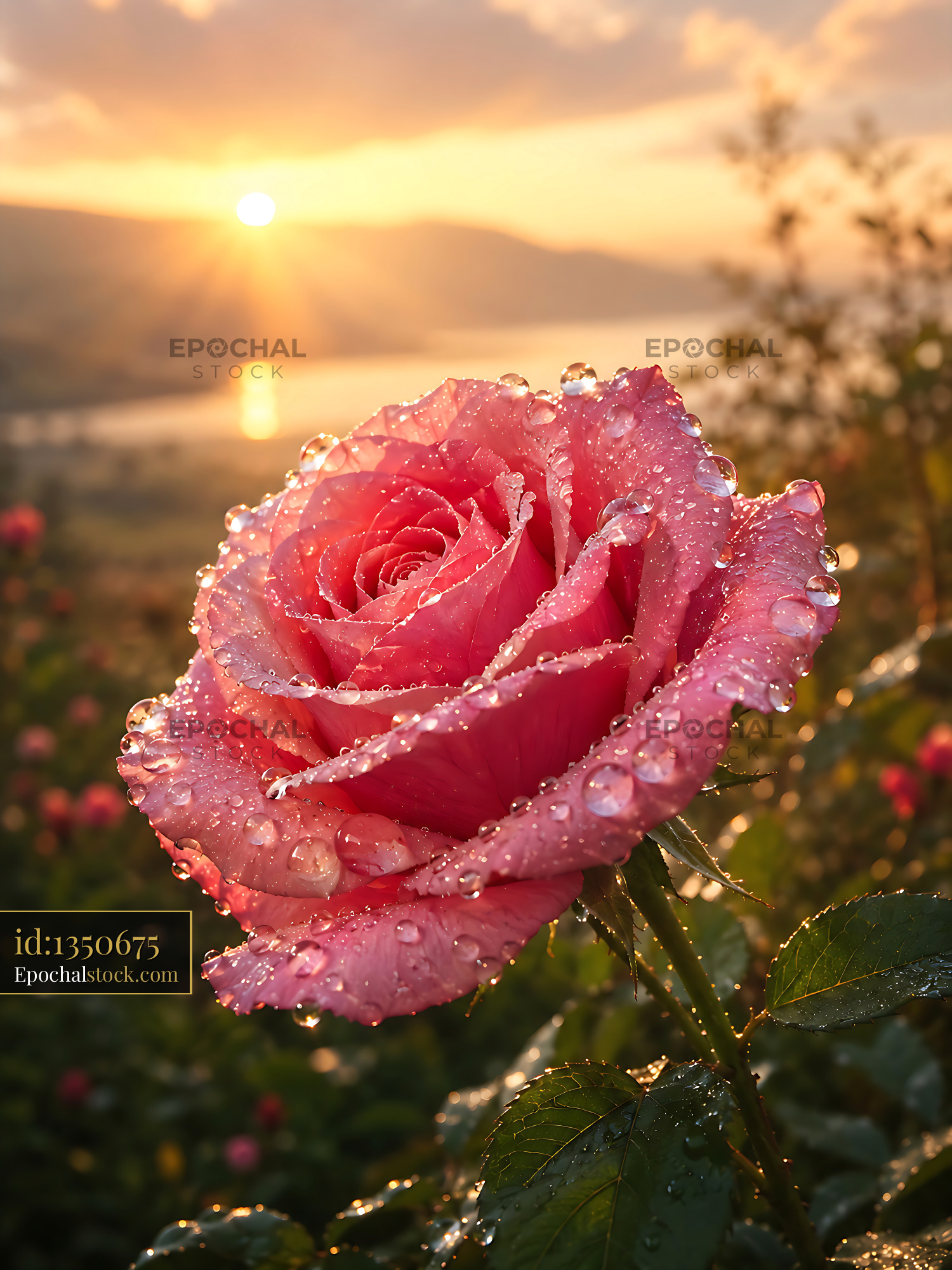 Watermarked full-resolution preview of Pink rose with water droplets at sunset