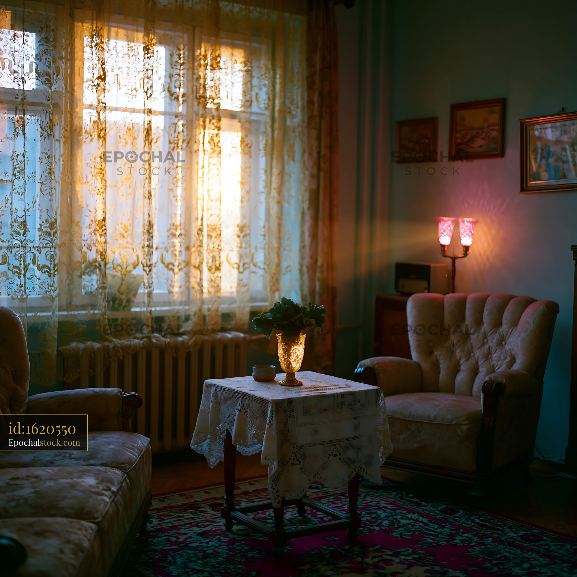 Watermarked full-resolution preview of Cozy living room with warm light and vintage furnishings