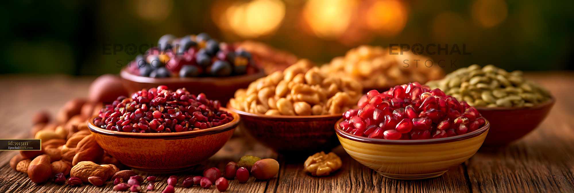 Watermarked full-resolution preview of Colorful fruit and nut assortment in bowls