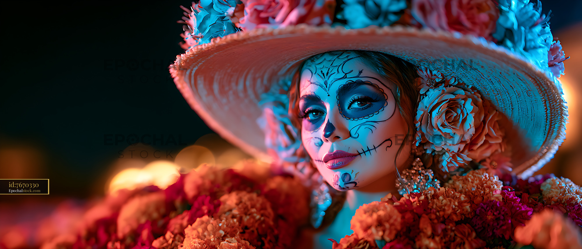 Watermarked full-resolution preview of Colorful close-up portrait with floral hat and painted face