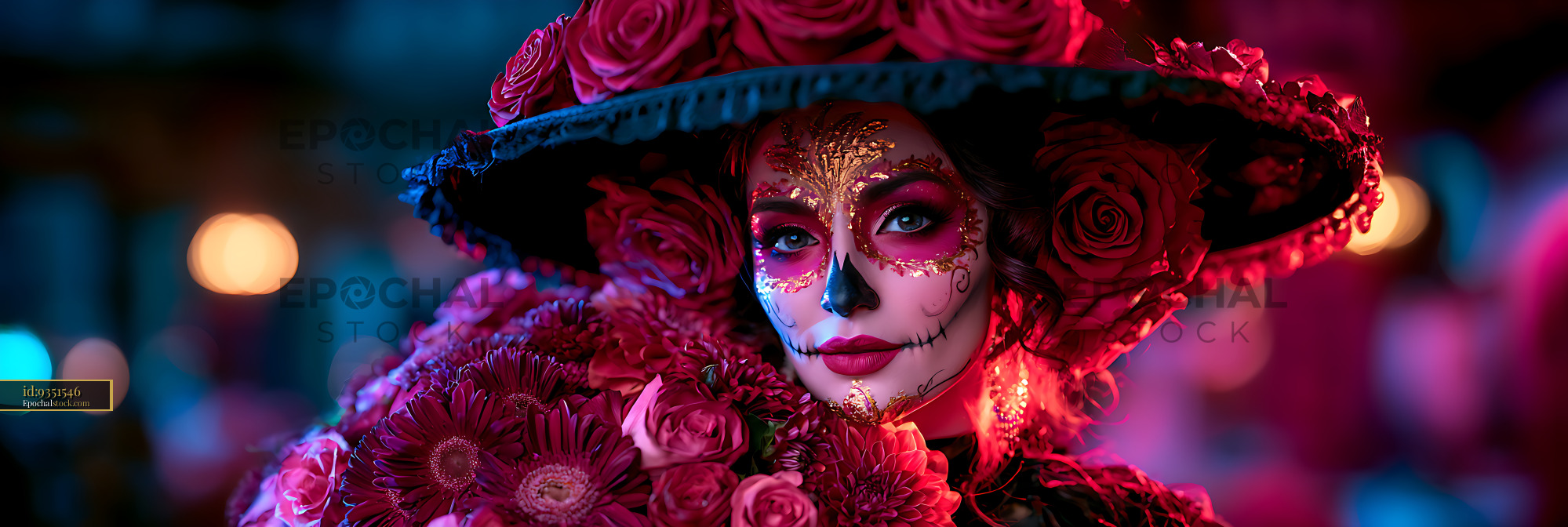 Watermarked full-resolution preview of Woman in floral hat with decorative skull makeup
