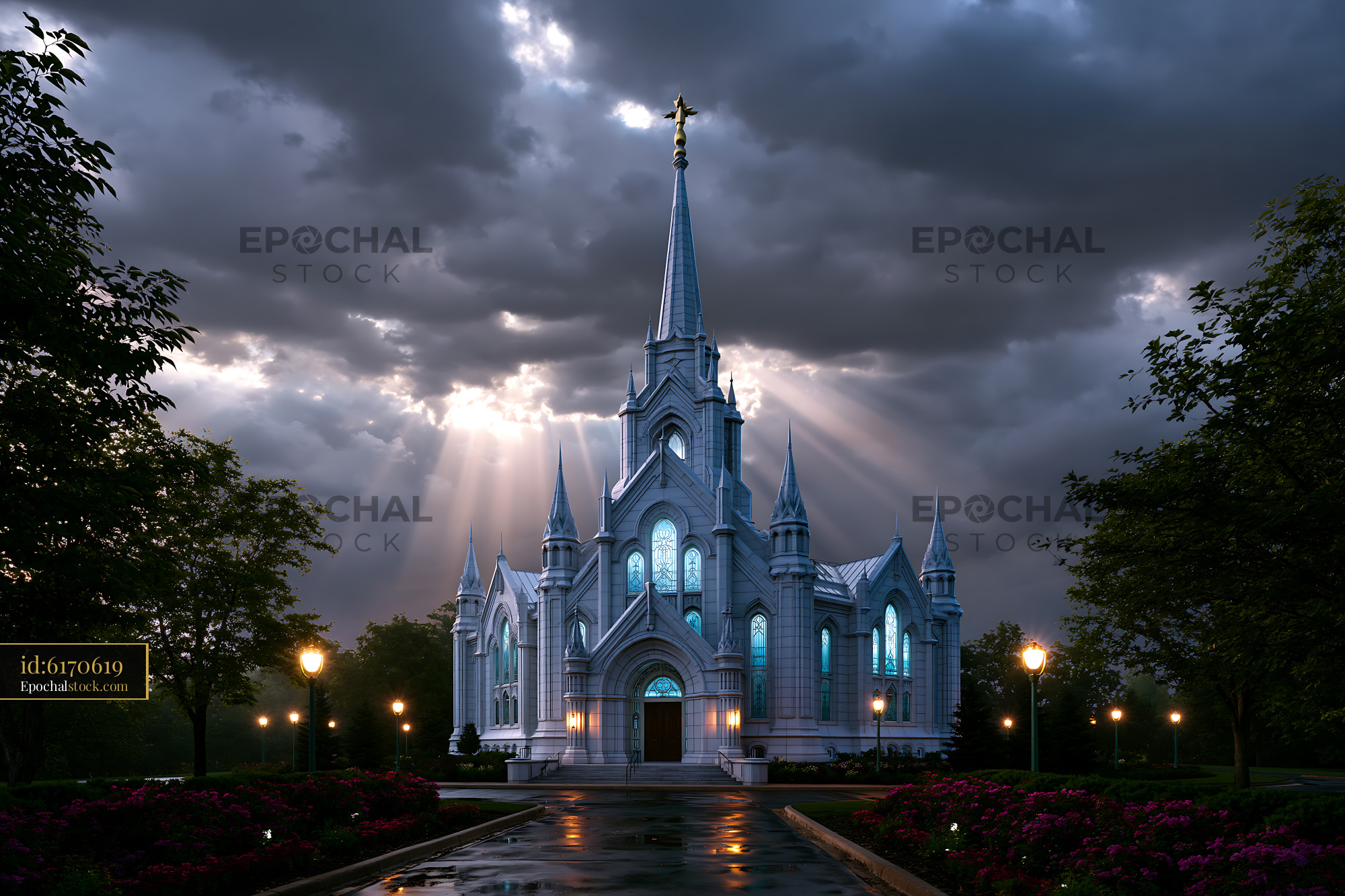 Watermarked full-resolution preview of Stunning church with gothic architecture under dramatic sky