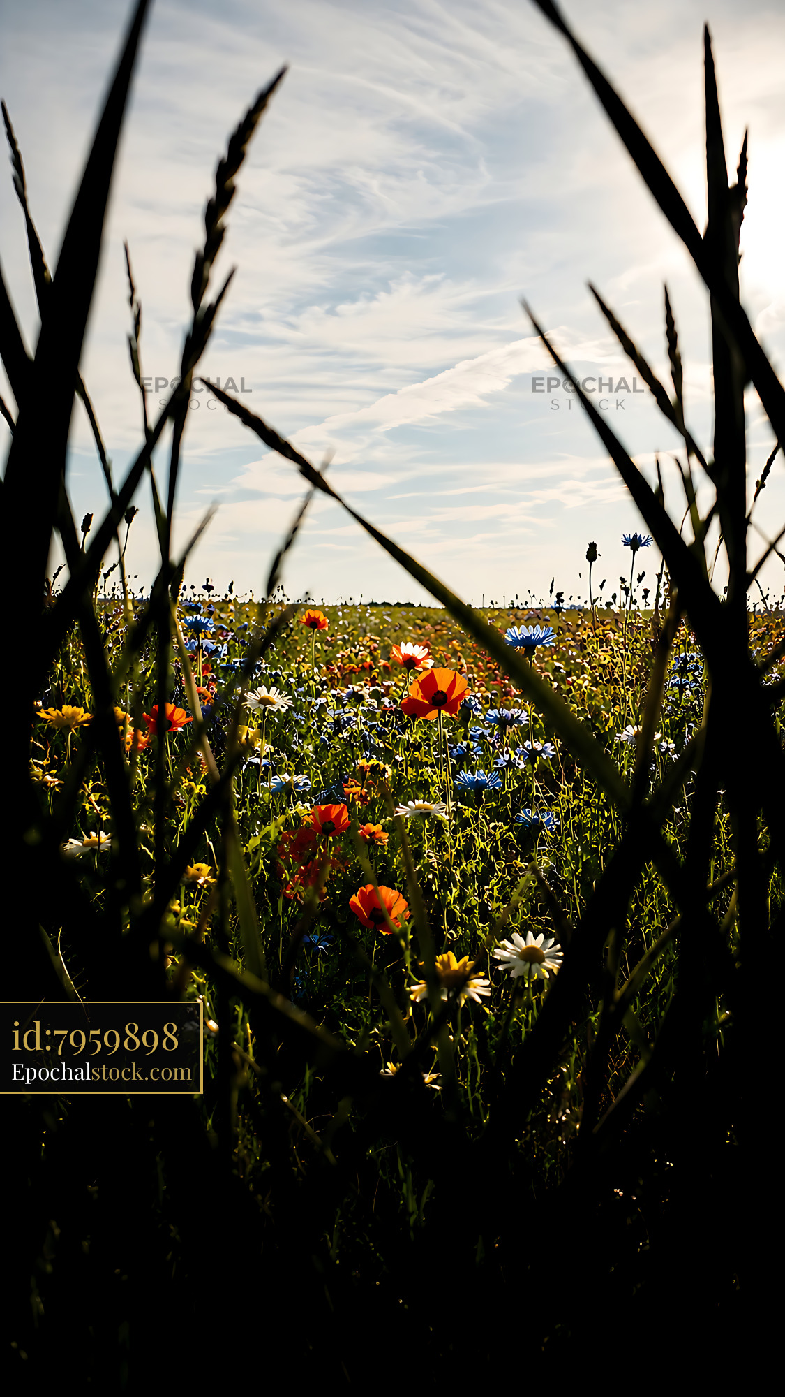 Wildflowers Bloom in a Field Under a Cloudy Sky - stock photo