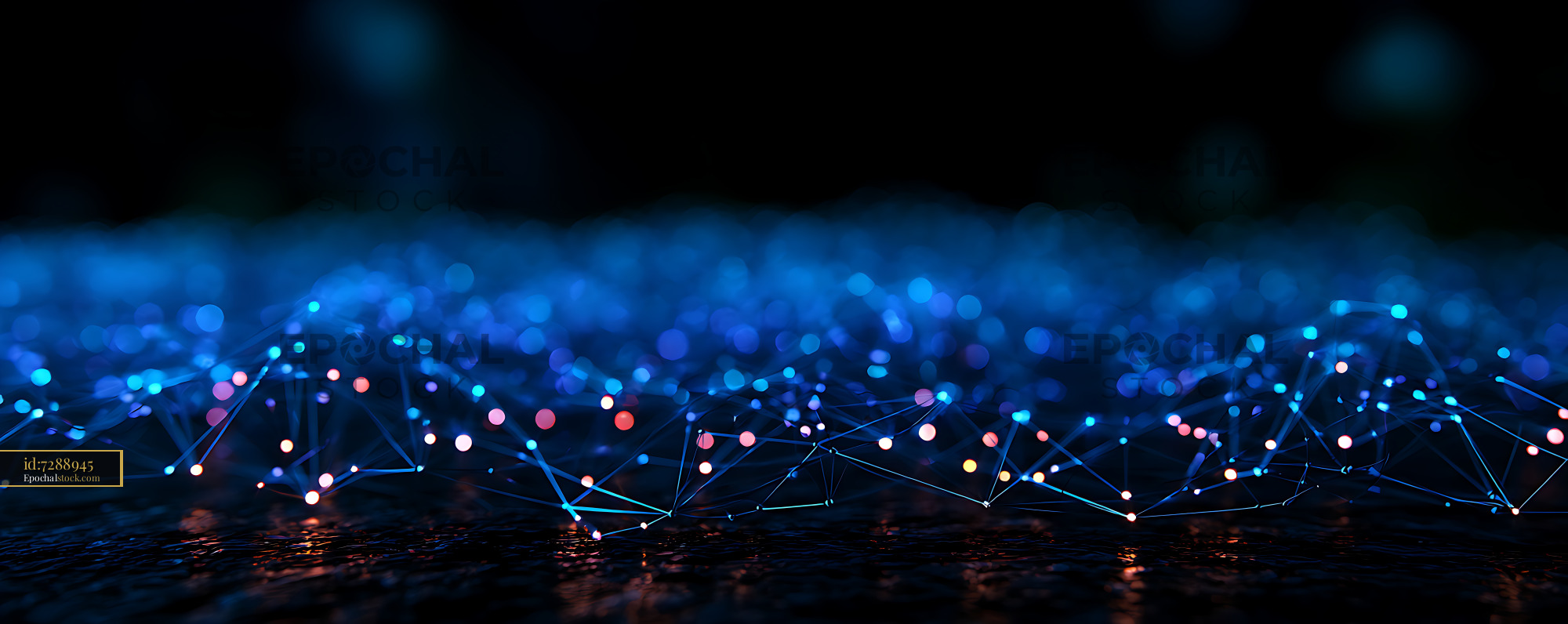 Watermarked full-resolution preview of Glowing blue digital network on a dark reflective surface