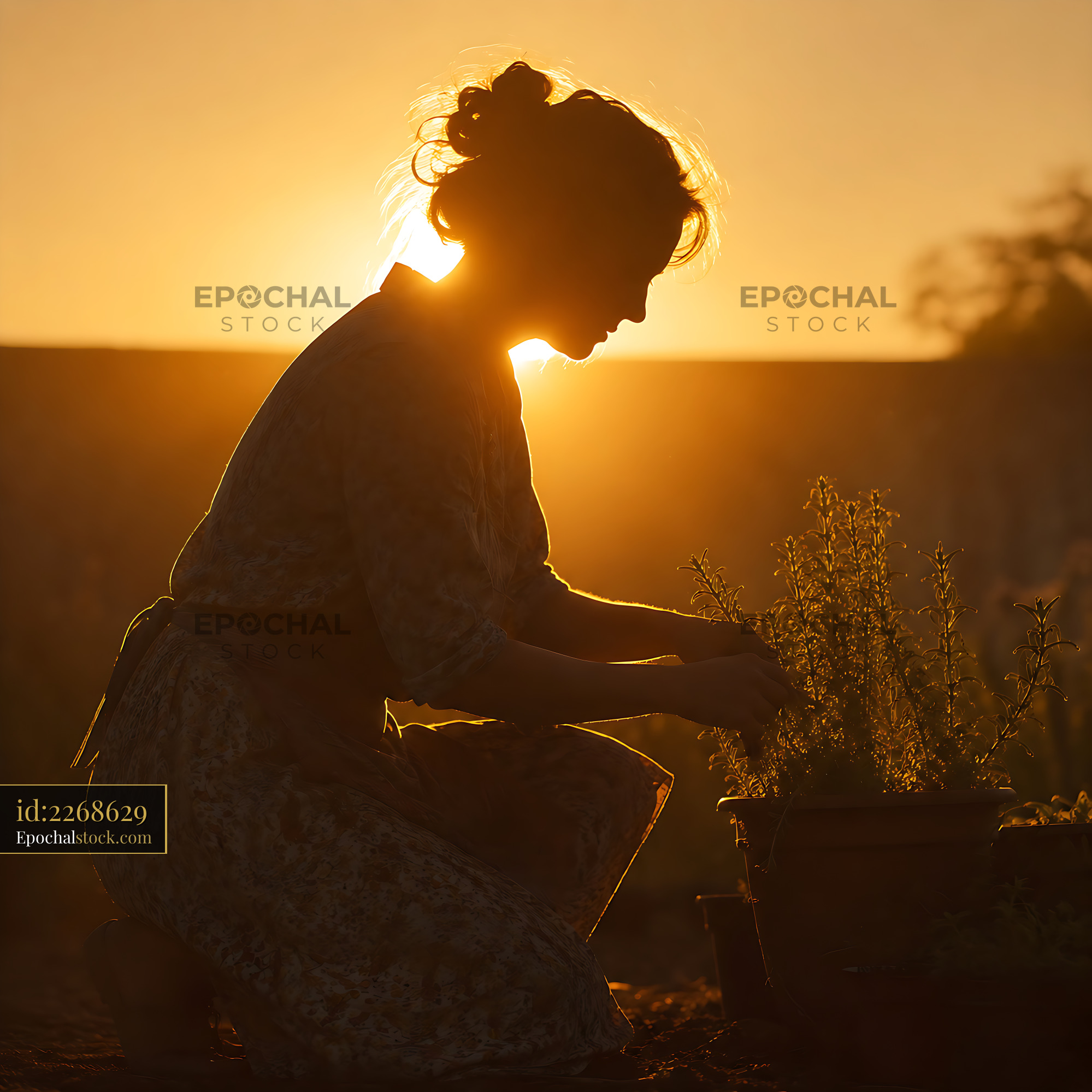 Watermarked full-resolution preview of Woman gardening at sunset in a silhouette