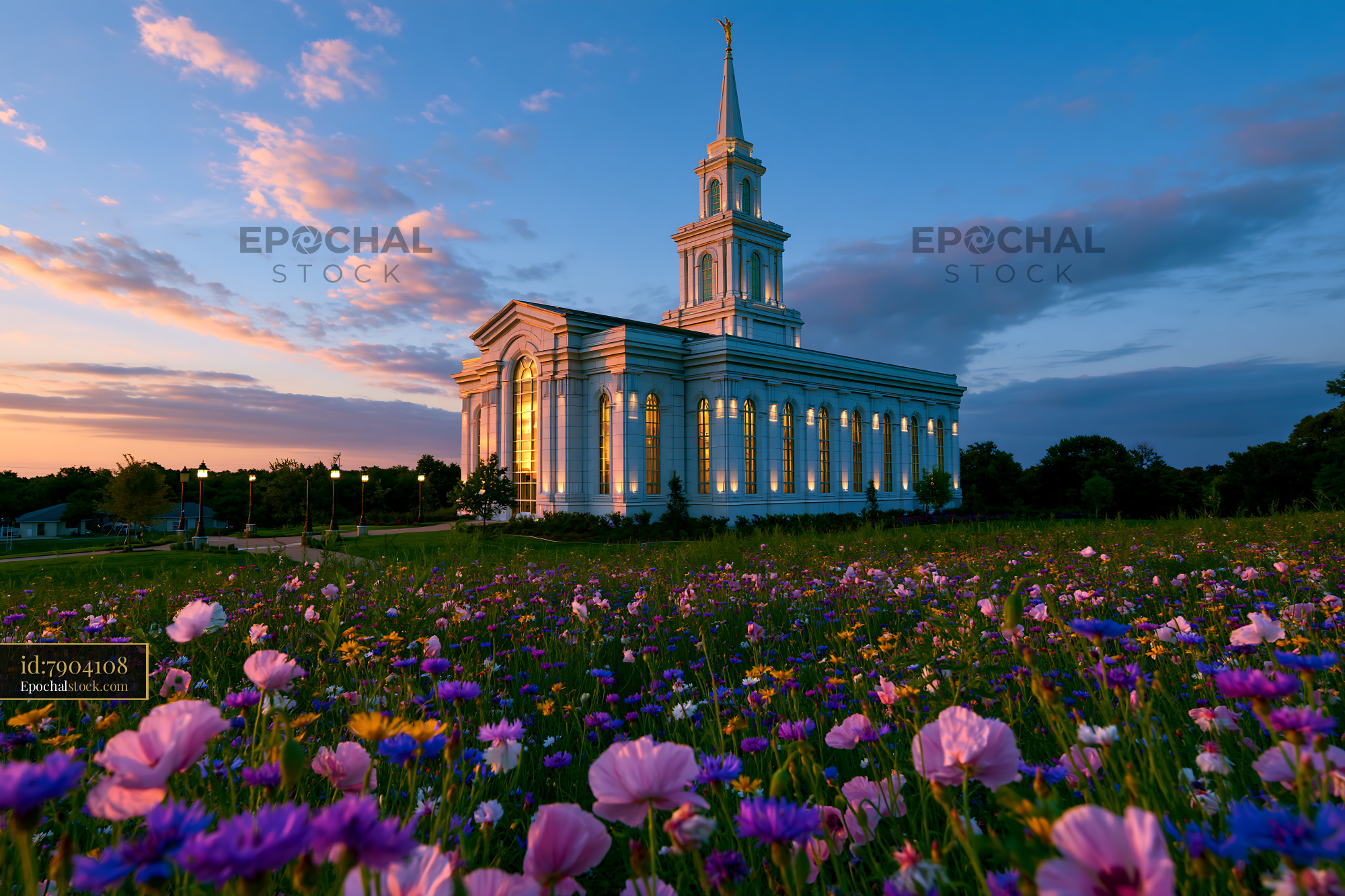 Watermarked full-resolution preview of Church and colorful wildflowers under a sunset sky