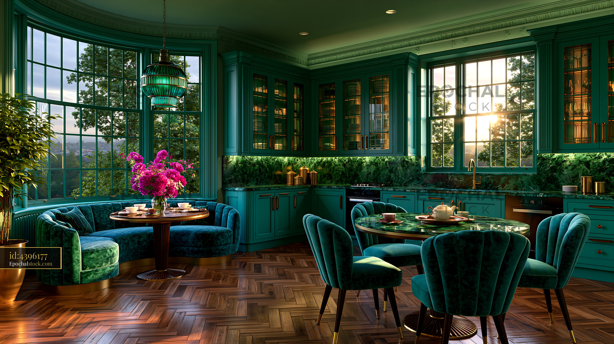 Watermarked full-resolution preview of Modern kitchen with green decor and large windows