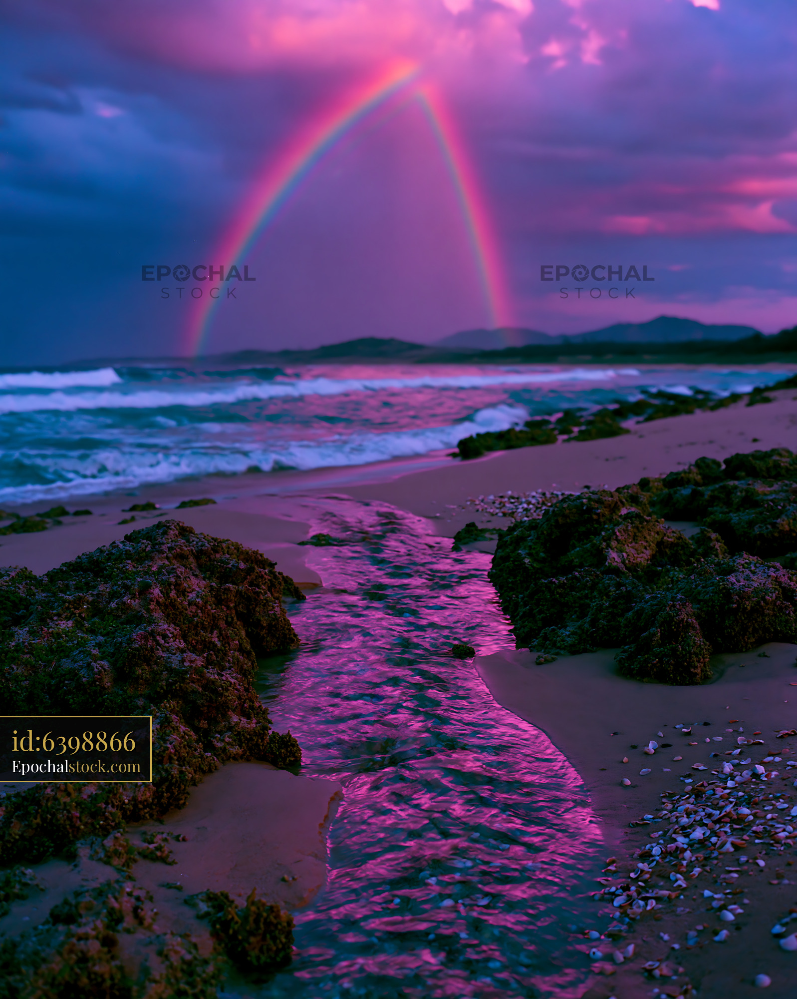Watermarked full-resolution preview of Vivid rainbow arcs over ocean waves and sandy shore at sunset